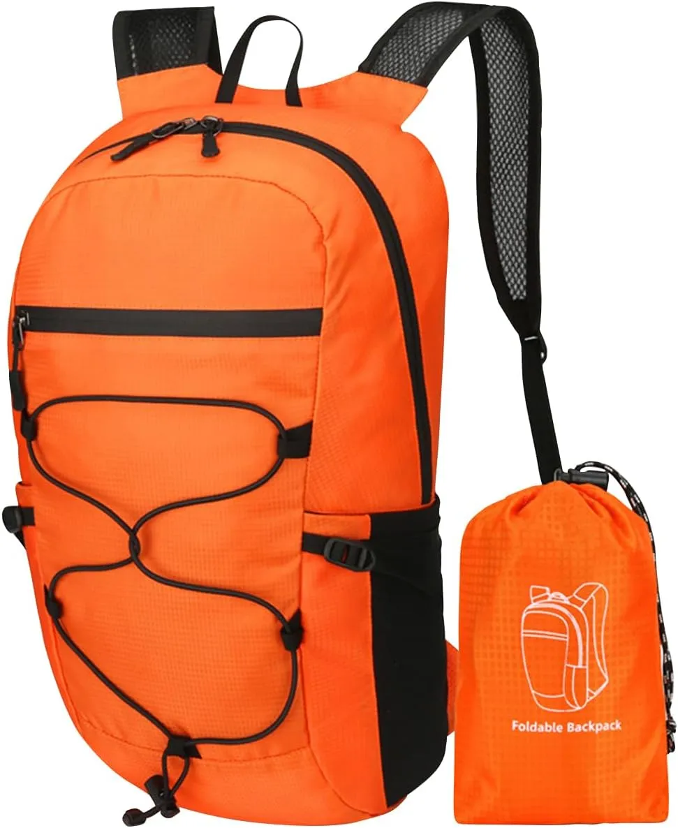 PORRASSO Hiking Backpack Foldable Daypack 19L Waterproof Rucksack Lightweight Backpack for Women Men Camping Trekking Cycling Climbing Outdoor Sports Orange