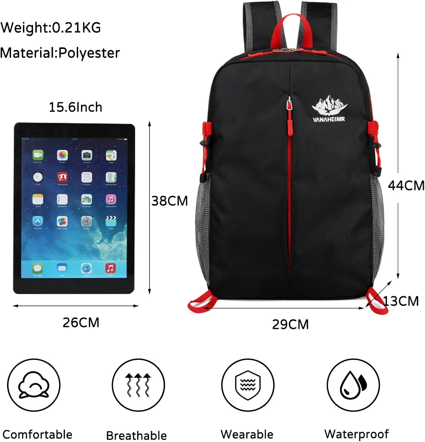 PORRASSO Hiking Backpack Foldable Daypack 20L Rucksack Lightweight Waterproof Backpack for Women Men Camping Trekking Cycling Climbing Outdoor Sports Black