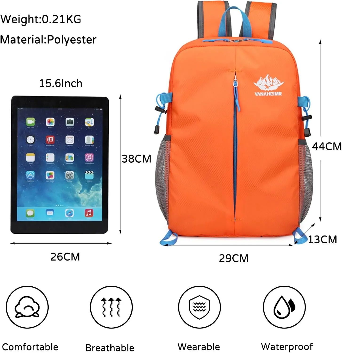 PORRASSO Hiking Backpack Foldable Daypack 20L Rucksack Lightweight Waterproof Backpack for Women Men Camping Trekking Cycling Climbing Outdoor Sports Orange
