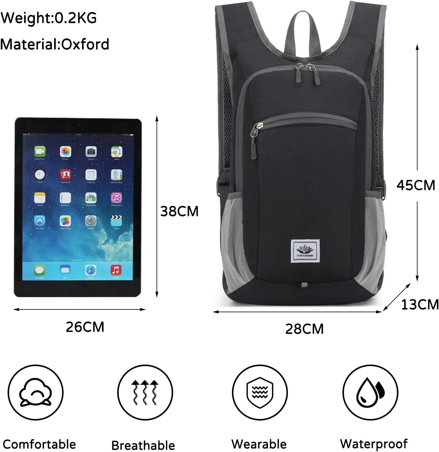 PORRASSO Hiking Backpack Foldable Waterproof Daypack 19L Rucksack Lightweight Backpack for Women Men Camping Trekking Cycling Climbing Outdoor Sports Black
