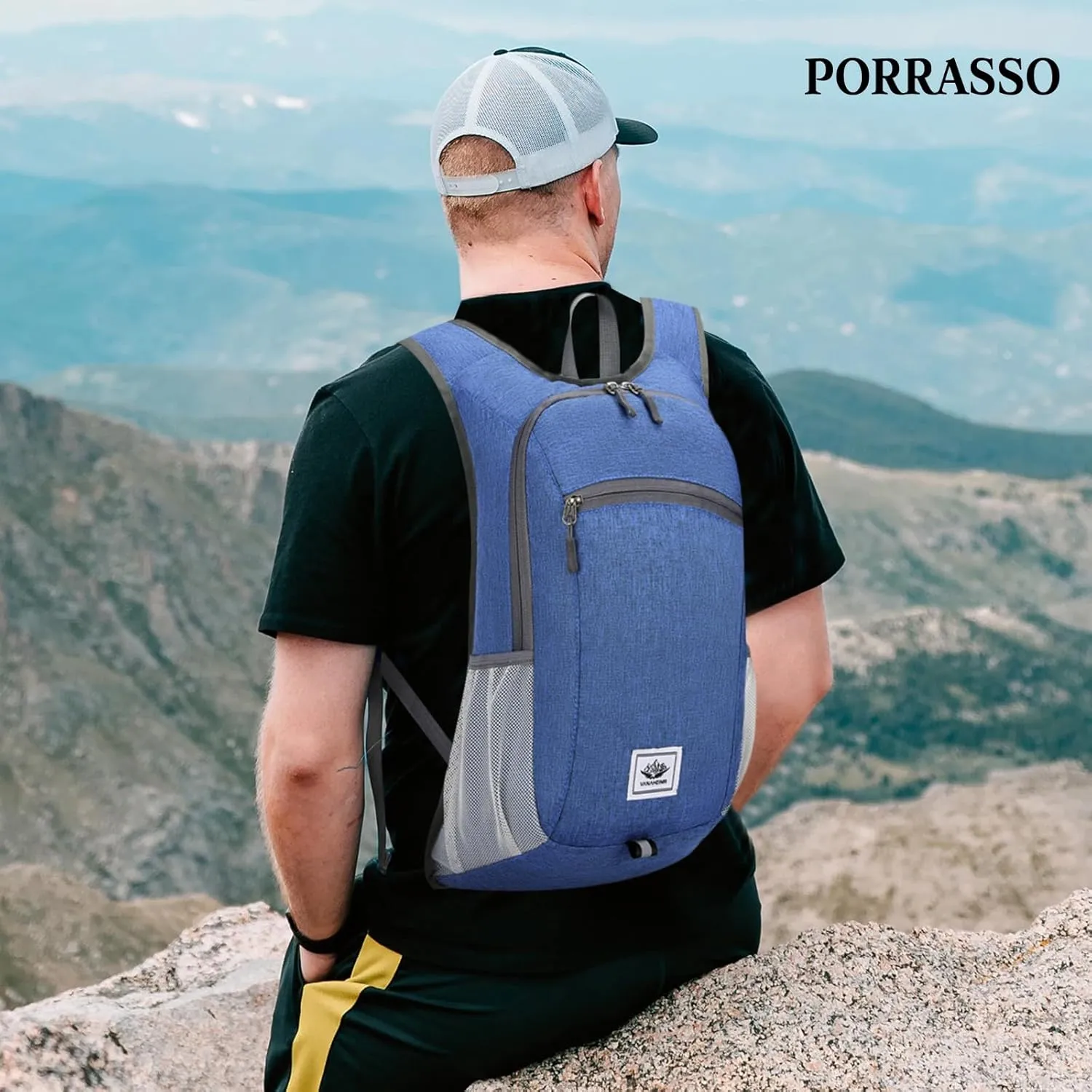 PORRASSO Hiking Backpack Foldable Waterproof Daypack 19L Rucksack Lightweight Backpack for Women Men Camping Trekking Cycling Climbing Outdoor Sports Blue B