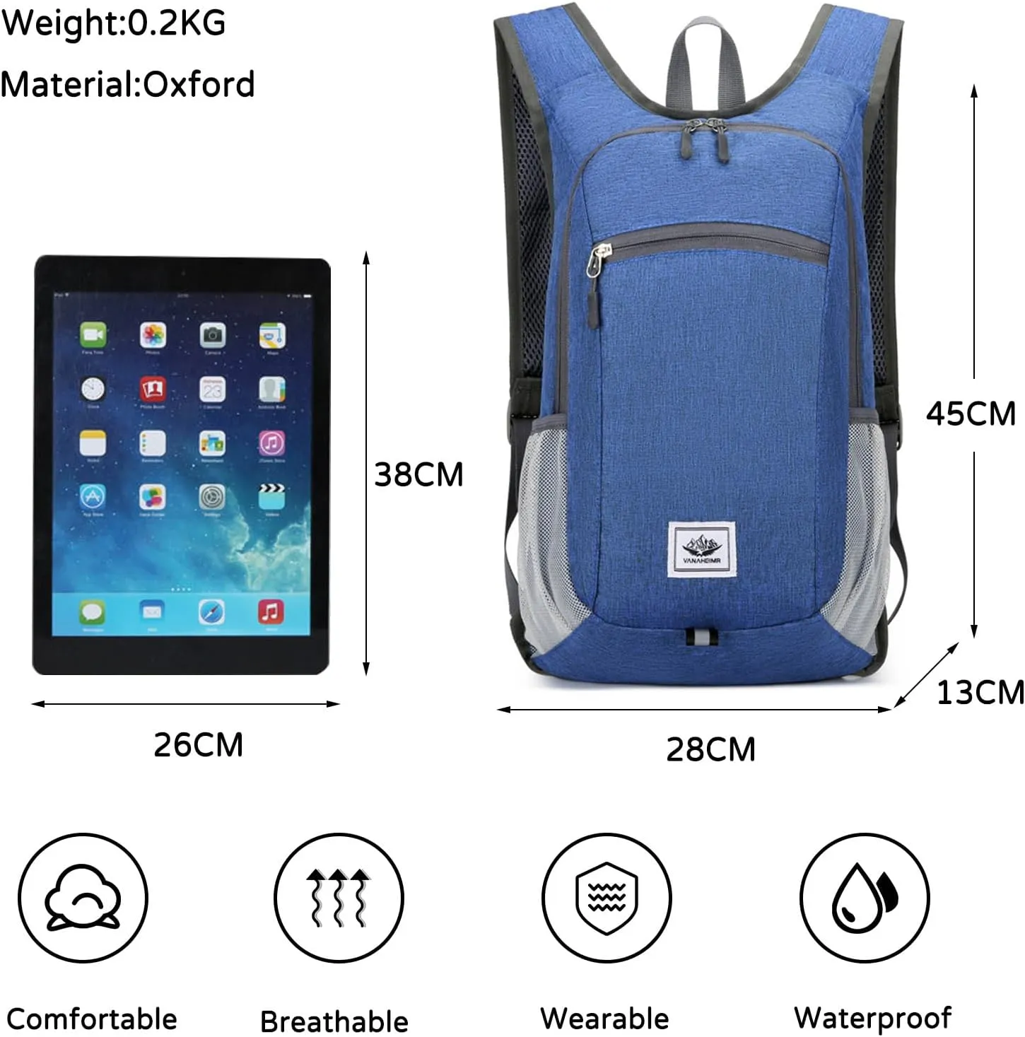 PORRASSO Hiking Backpack Foldable Waterproof Daypack 19L Rucksack Lightweight Backpack for Women Men Camping Trekking Cycling Climbing Outdoor Sports Blue B