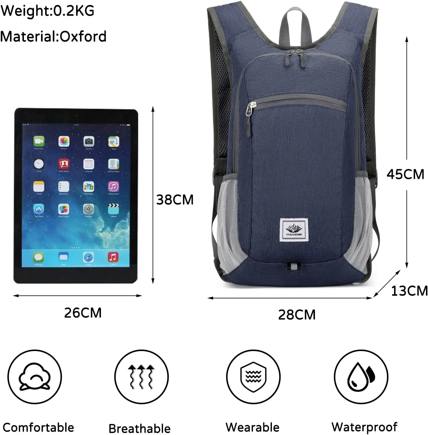 PORRASSO Hiking Backpack Foldable Waterproof Daypack 19L Rucksack Lightweight Backpack for Women Men Camping Trekking Cycling Climbing Outdoor Sports Dark Blue
