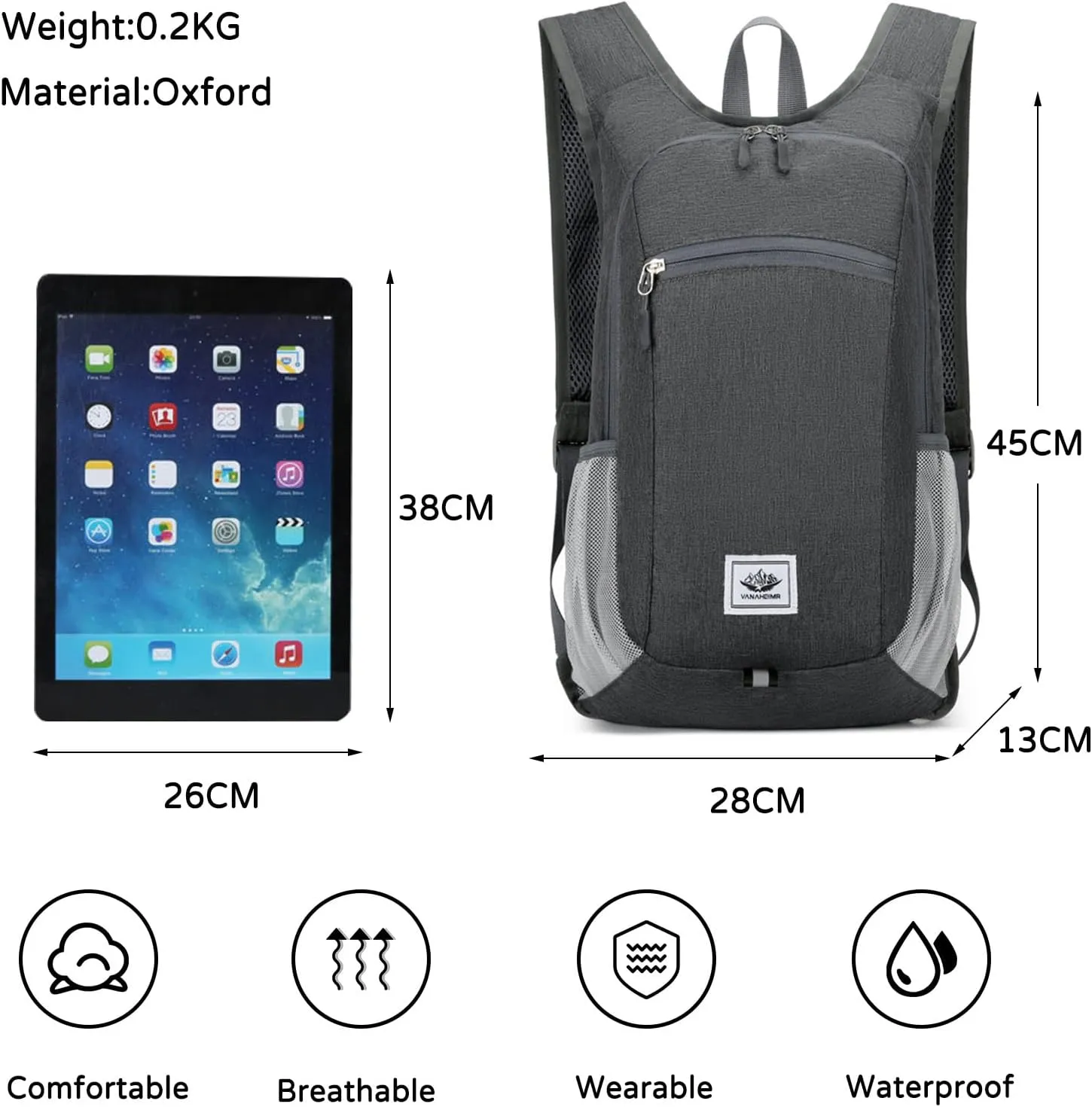 PORRASSO Hiking Backpack Foldable Waterproof Daypack 19L Rucksack Lightweight Backpack for Women Men Camping Trekking Cycling Climbing Outdoor Sports Dark Grey