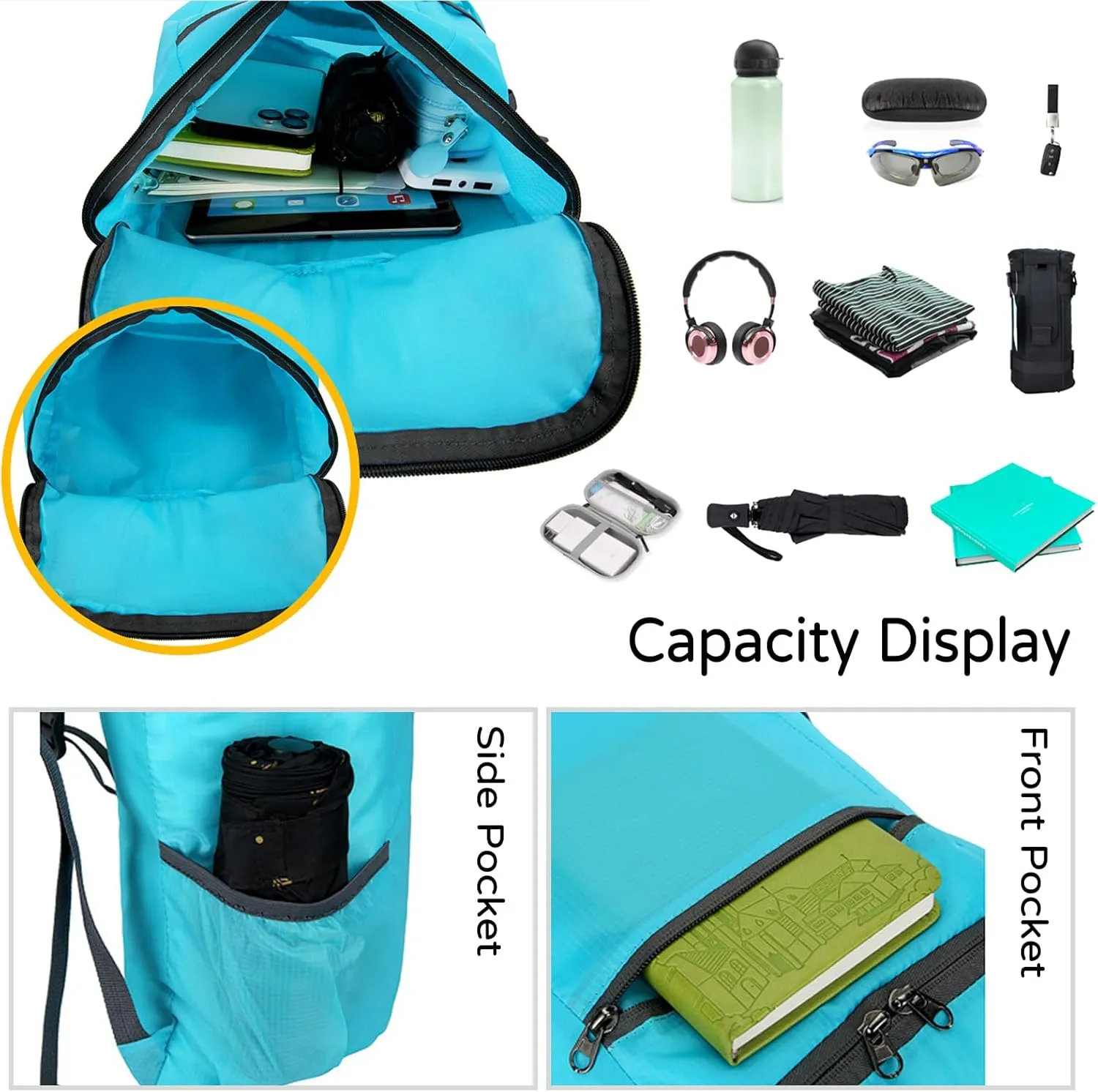 PORRASSO Hiking Backpack Lightweight Waterproof Daypack Foldable Rucksack Backpack for Women Men Camping Trekking Cycling Climbing Outdoor Sports Sky Blue