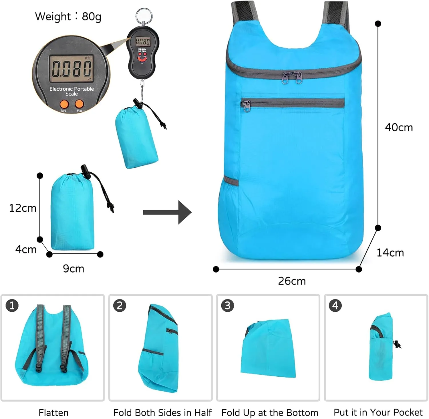 PORRASSO Hiking Backpack Lightweight Waterproof Daypack Foldable Rucksack Backpack for Women Men Camping Trekking Cycling Climbing Outdoor Sports Sky Blue