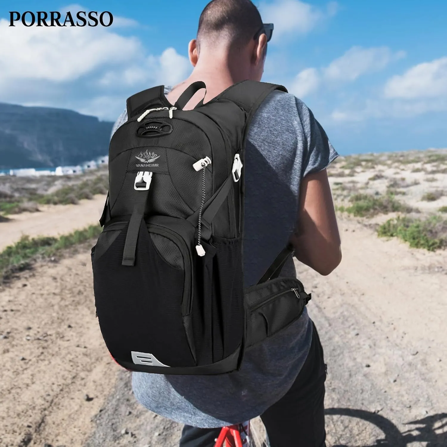 PORRASSO Hiking Backpack Waterproof Daypack 18L Rucksack Lightweight Backpack for Women Men Trekking Cycling Climbing Outdoor Sports Black