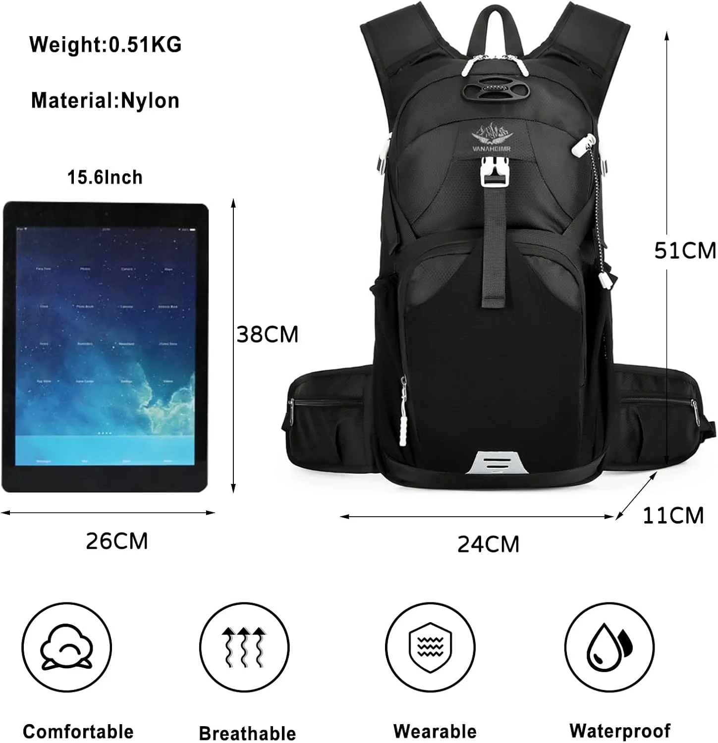 PORRASSO Hiking Backpack Waterproof Daypack 18L Rucksack Lightweight Backpack for Women Men Trekking Cycling Climbing Outdoor Sports Black