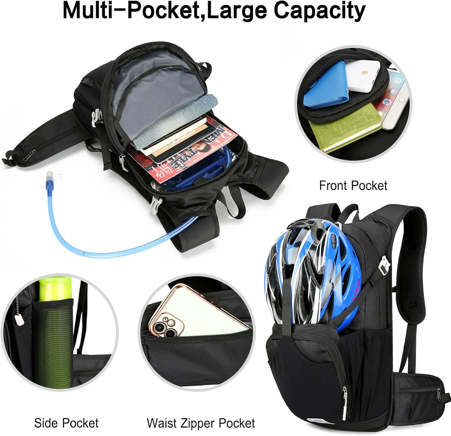 PORRASSO Hiking Backpack Waterproof Daypack 18L Rucksack Lightweight Backpack for Women Men Trekking Cycling Climbing Outdoor Sports Black
