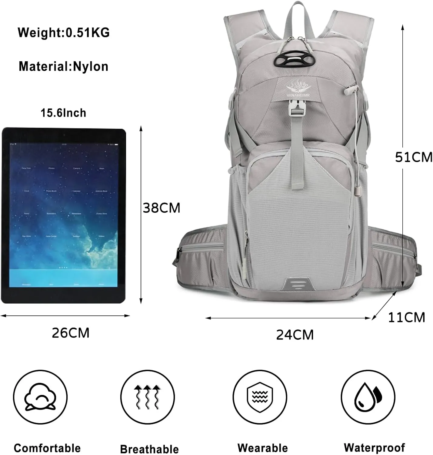 PORRASSO Hiking Backpack Waterproof Daypack 18L Rucksack Lightweight Backpack for Women Men Trekking Cycling Climbing Outdoor Sports Grey