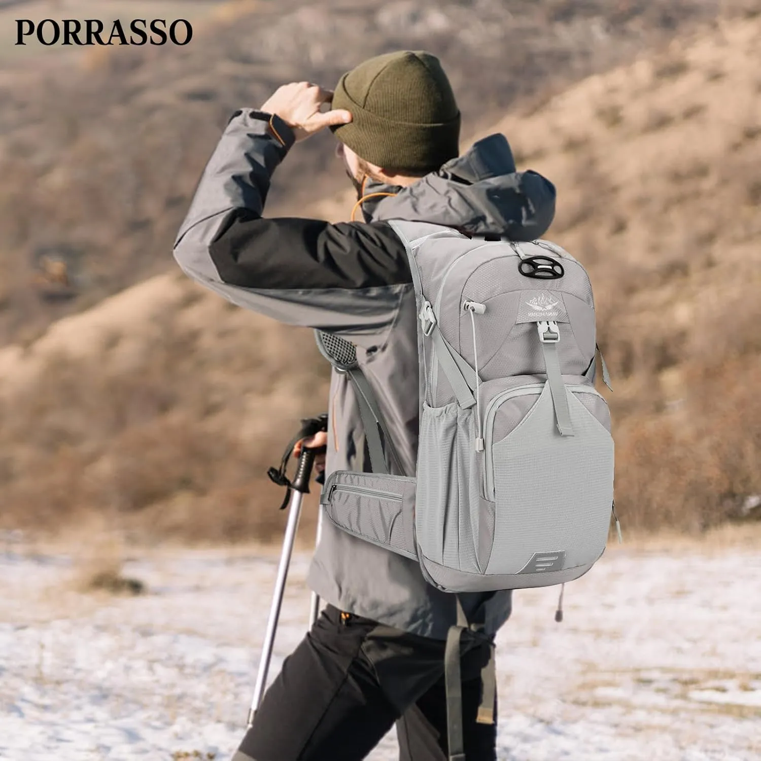 PORRASSO Hiking Backpack Waterproof Daypack 18L Rucksack Lightweight Backpack for Women Men Trekking Cycling Climbing Outdoor Sports Grey