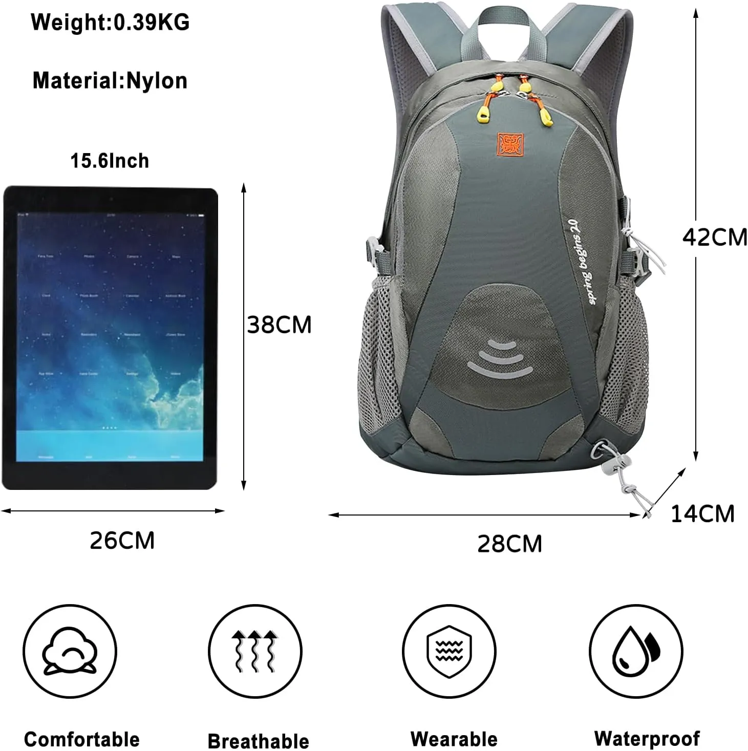 PORRASSO Hiking Backpack Waterproof Daypack 20L Rucksack Lightweight Backpack for Women Men Trekking Cycling Climbing Outdoor Sports Grey