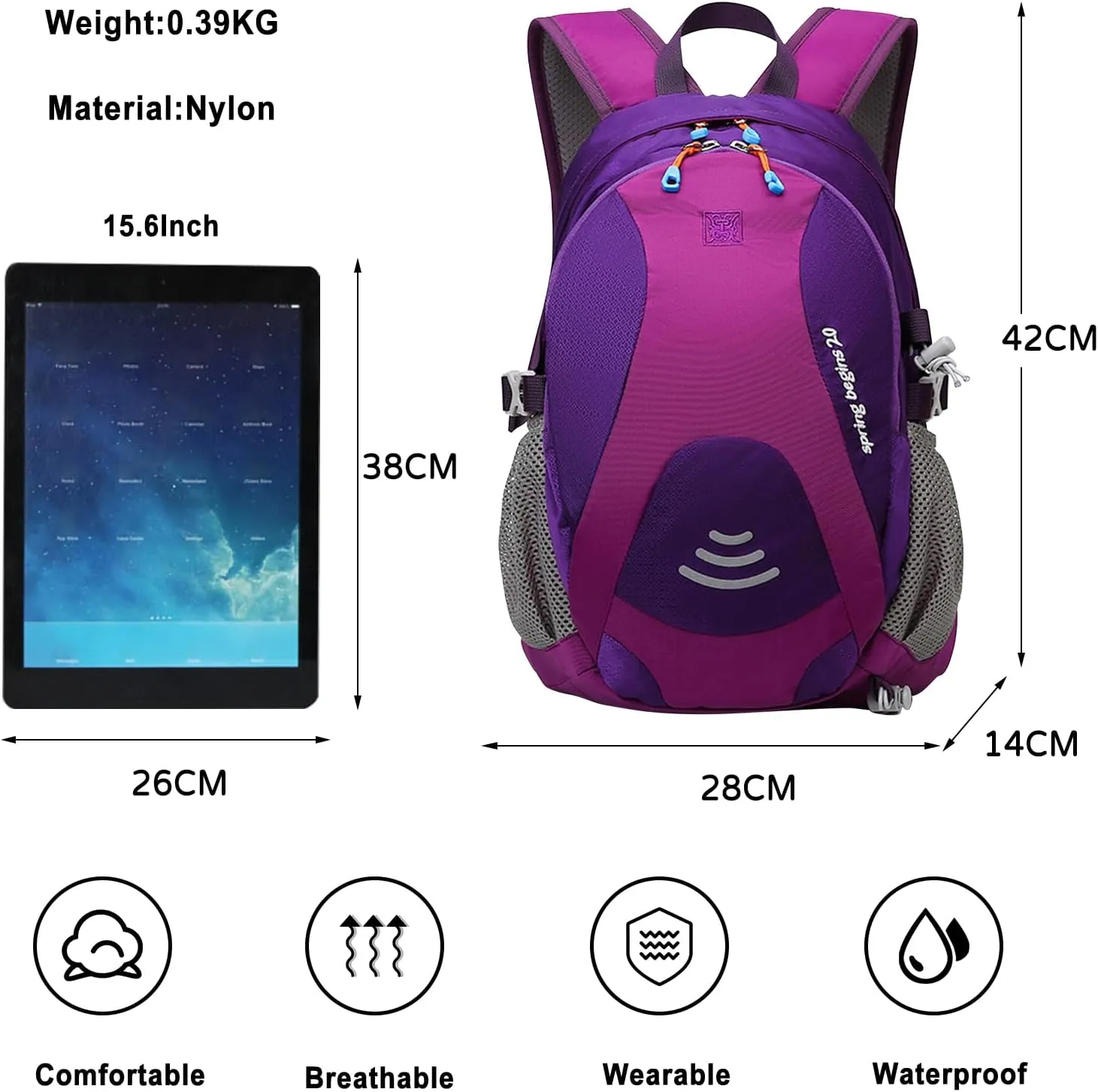 PORRASSO Hiking Backpack Waterproof Daypack 20L Rucksack Lightweight Backpack for Women Men Trekking Cycling Climbing Outdoor Sports Purple