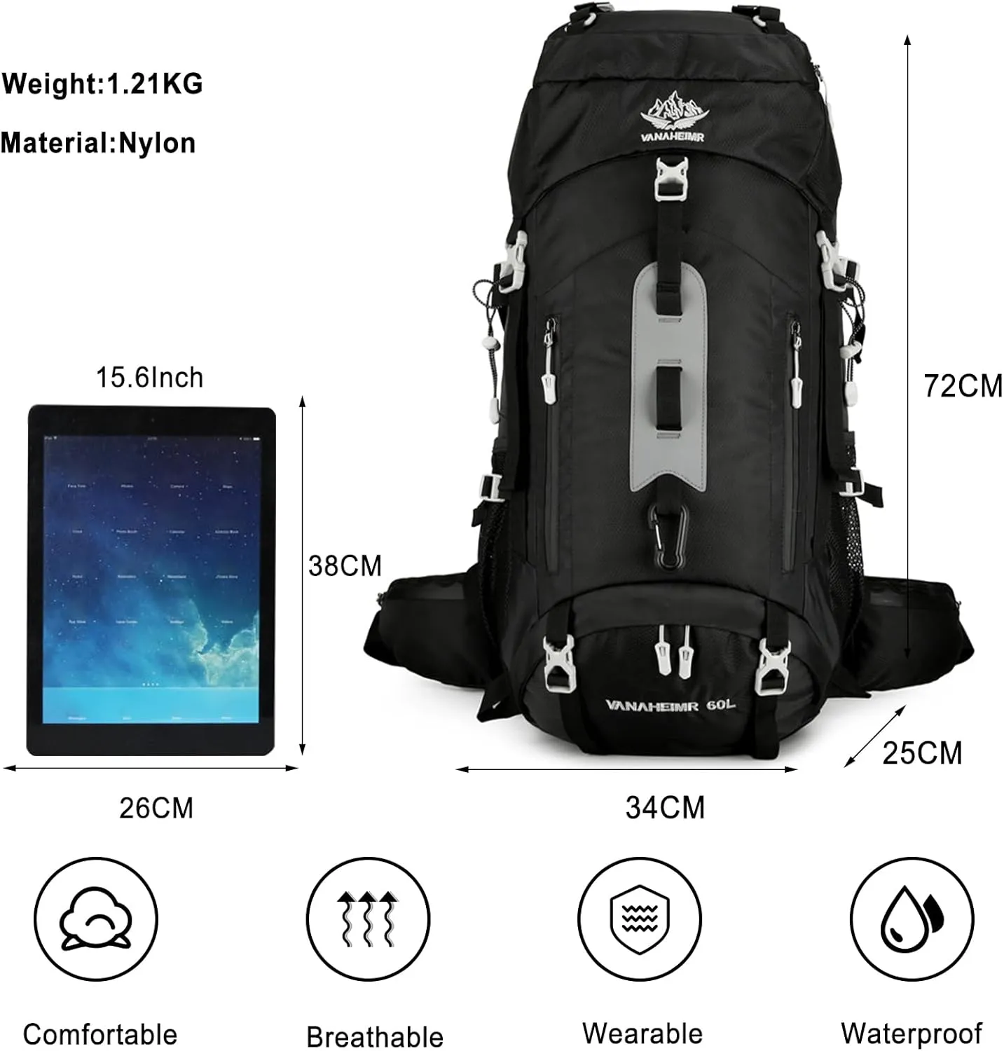 PORRASSO Hiking Backpack Waterproof Daypack 60L Rucksack with Rain Cover Lightweight Backpack for Travel Trekking Camping Climbing Outdoor Sports Black