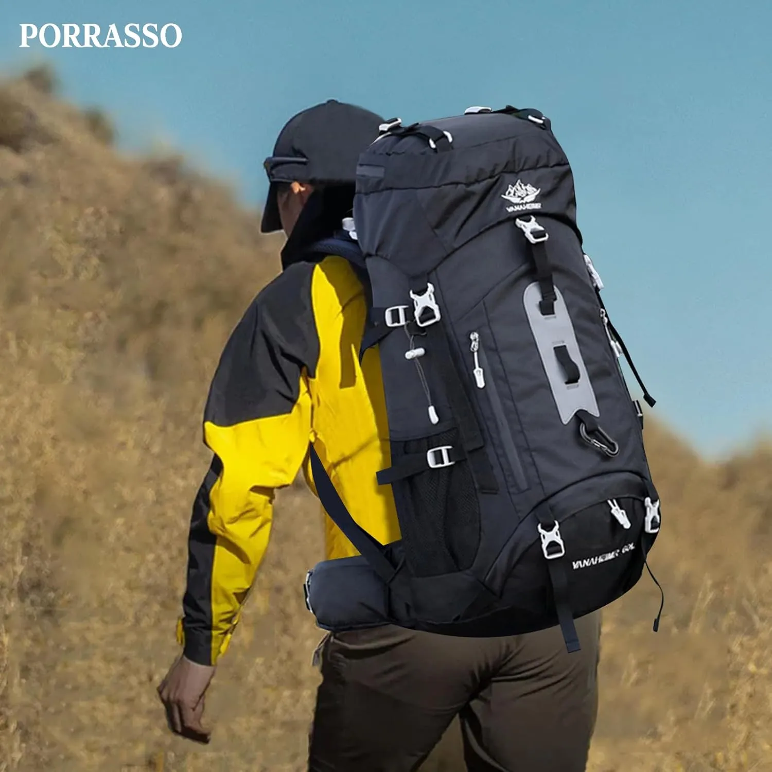 PORRASSO Hiking Backpack Waterproof Daypack 60L Rucksack with Rain Cover Lightweight Backpack for Travel Trekking Camping Climbing Outdoor Sports Black