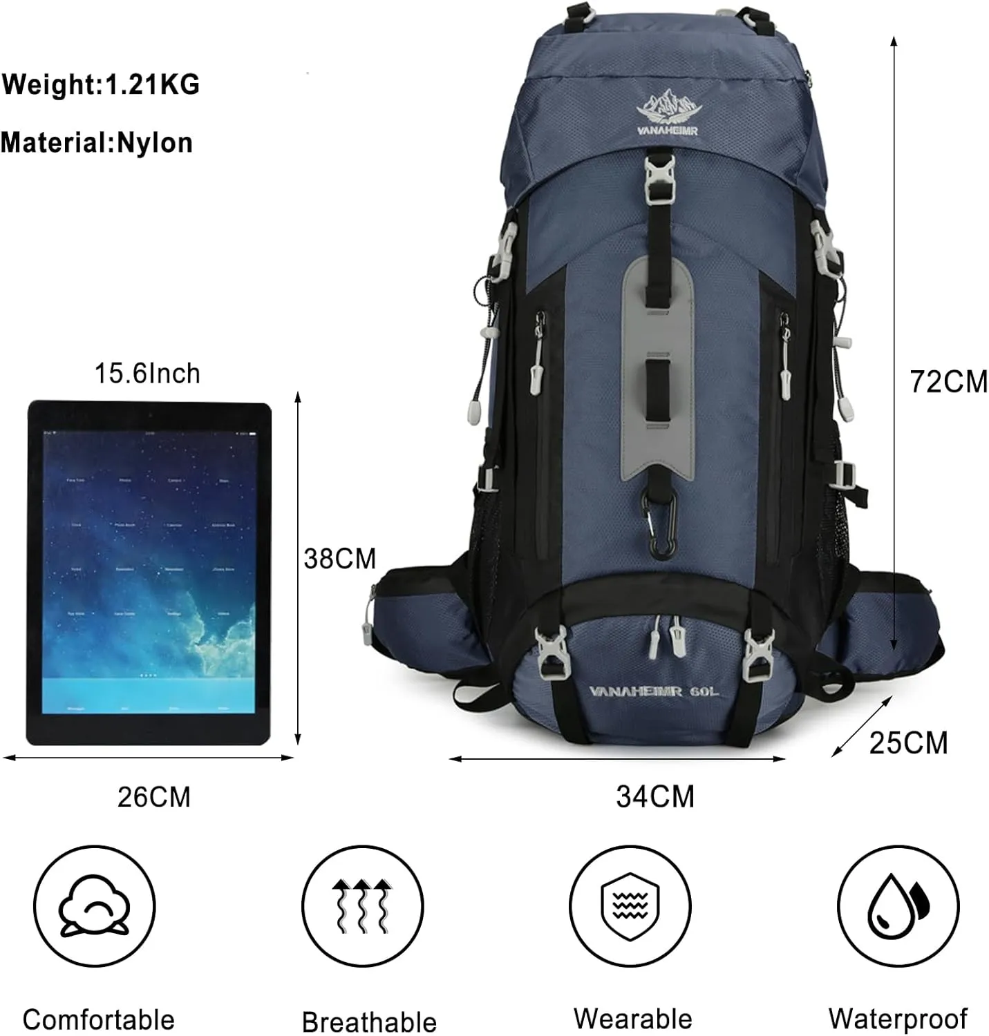 PORRASSO Hiking Backpack Waterproof Daypack 60L Rucksack with Rain Cover Lightweight Backpack for Travel Trekking Camping Climbing Outdoor Sports Dark Blue