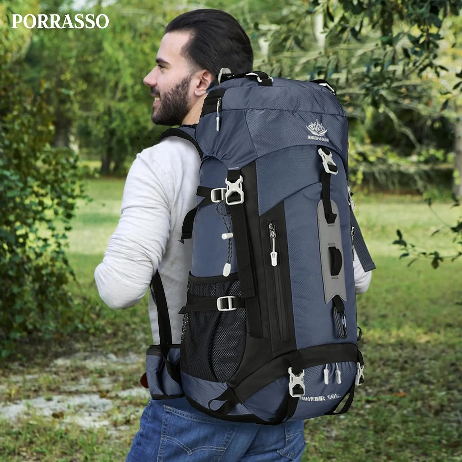 PORRASSO Hiking Backpack Waterproof Daypack 60L Rucksack with Rain Cover Lightweight Backpack for Travel Trekking Camping Climbing Outdoor Sports Dark Blue