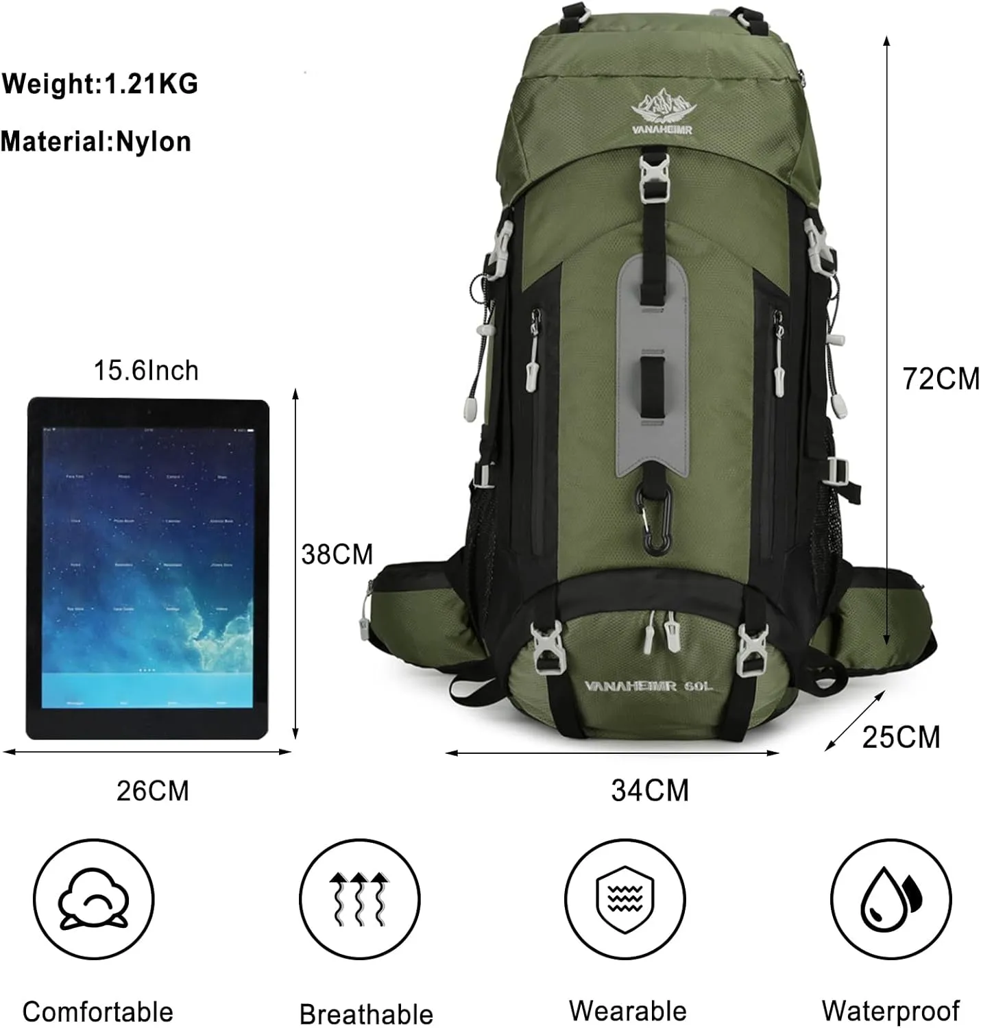 PORRASSO Hiking Backpack Waterproof Daypack 60L Rucksack with Rain Cover Lightweight Backpack for Travel Trekking Camping Climbing Outdoor Sports Dark Green