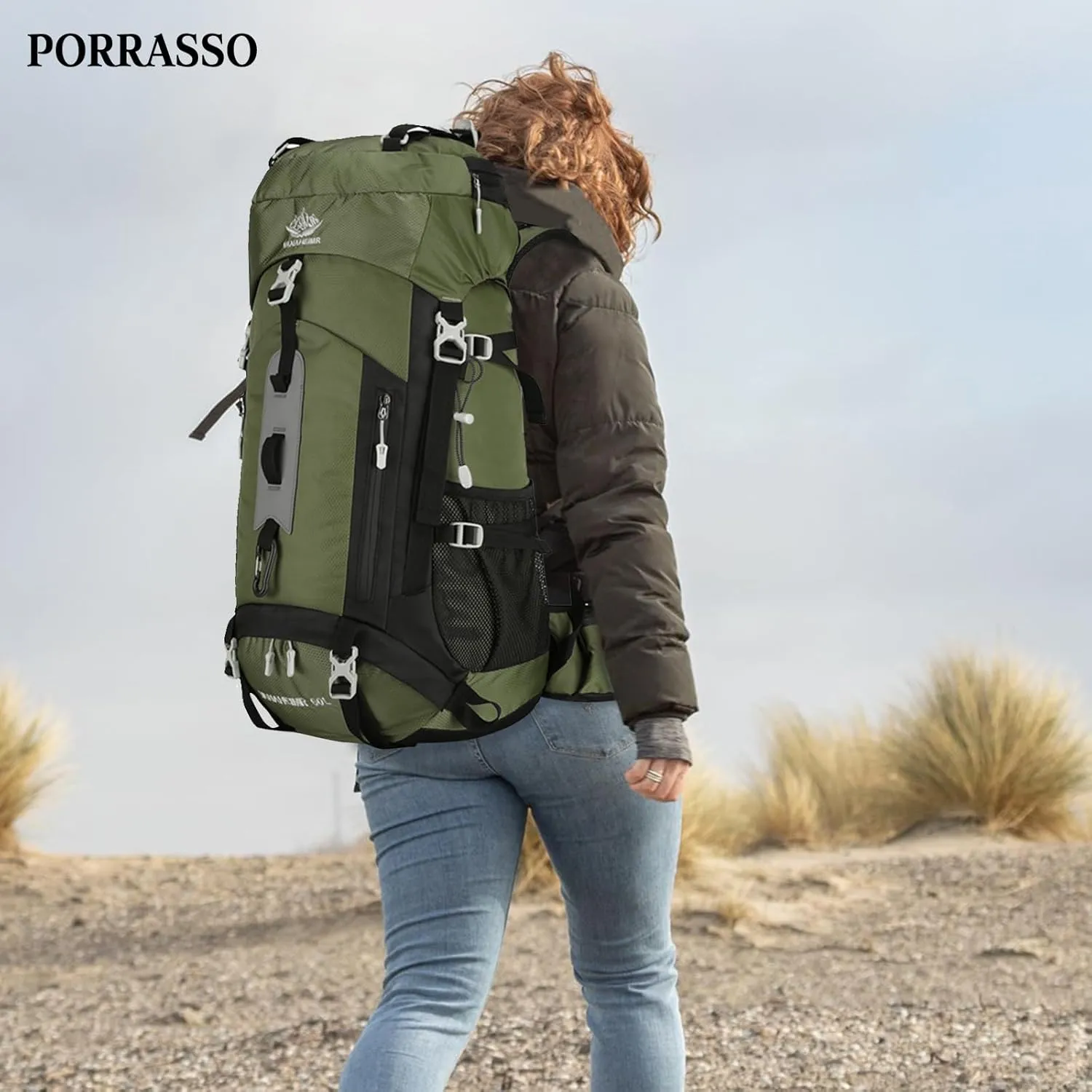 PORRASSO Hiking Backpack Waterproof Daypack 60L Rucksack with Rain Cover Lightweight Backpack for Travel Trekking Camping Climbing Outdoor Sports Dark Green