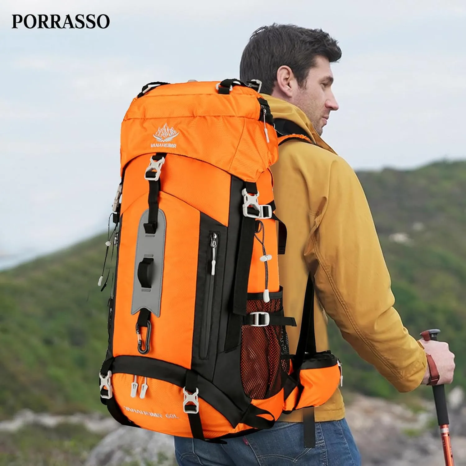 PORRASSO Hiking Backpack Waterproof Daypack 60L Rucksack with Rain Cover Lightweight Backpack for Travel Trekking Camping Climbing Outdoor Sports Orange