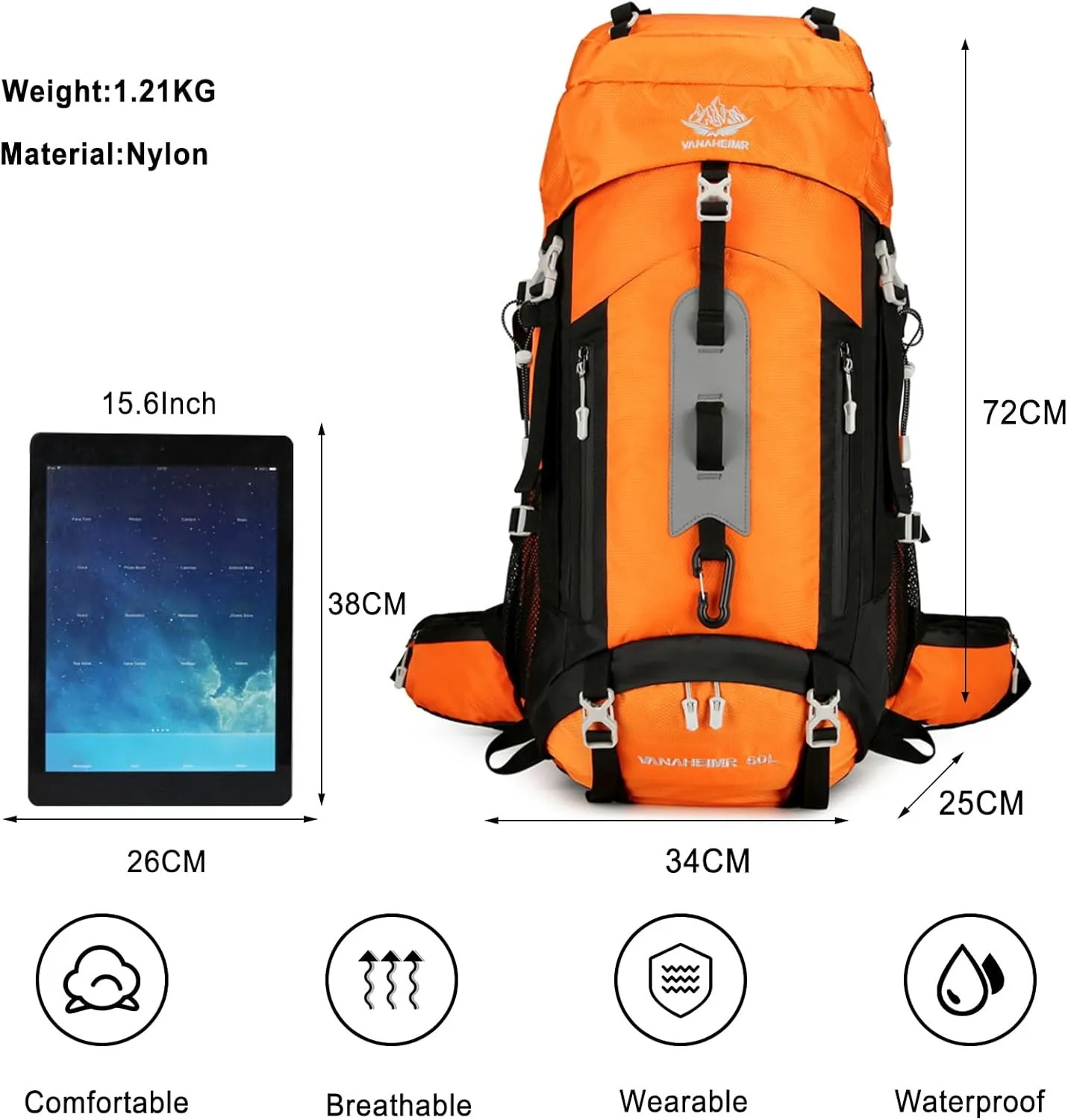 PORRASSO Hiking Backpack Waterproof Daypack 60L Rucksack with Rain Cover Lightweight Backpack for Travel Trekking Camping Climbing Outdoor Sports Orange