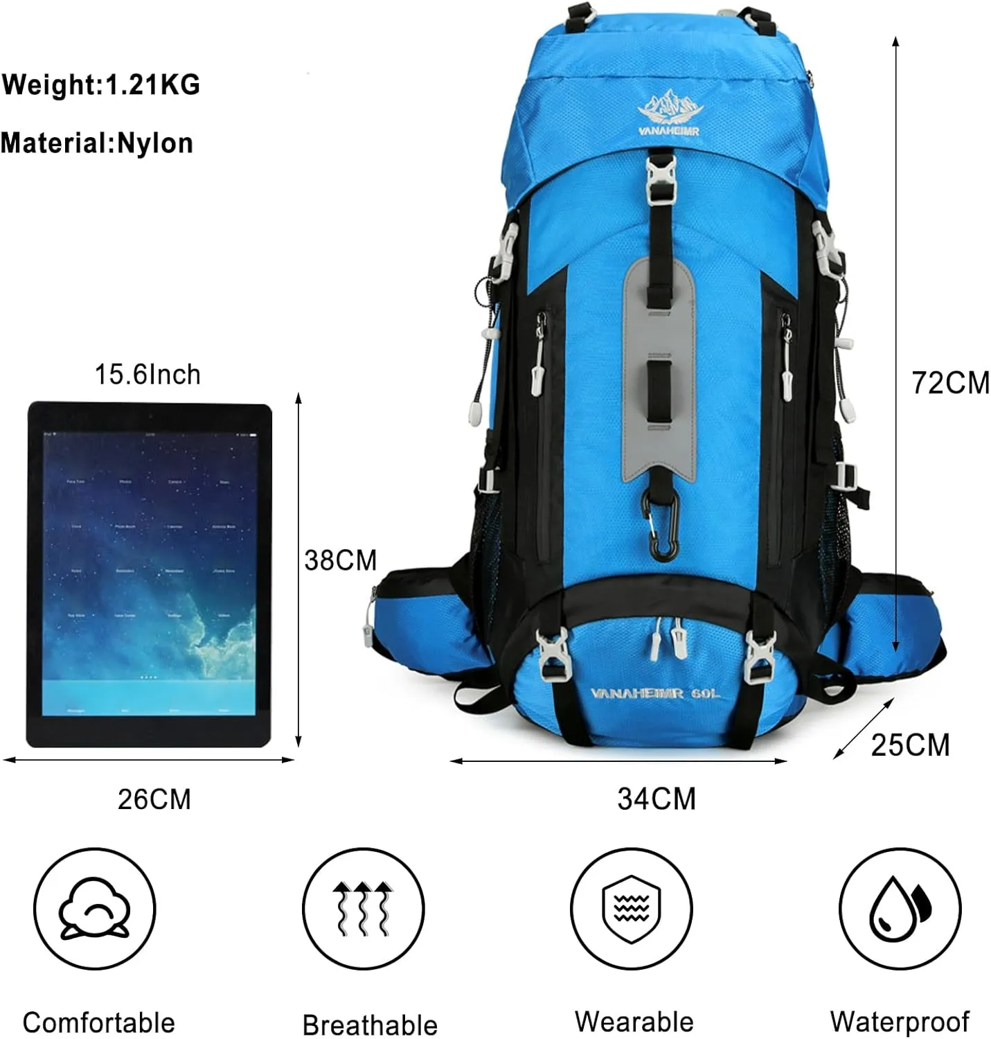PORRASSO Hiking Backpack Waterproof Daypack 60L Rucksack with Rain Cover Lightweight Backpack for Travel Trekking Camping Climbing Outdoor Sports Sky Blue