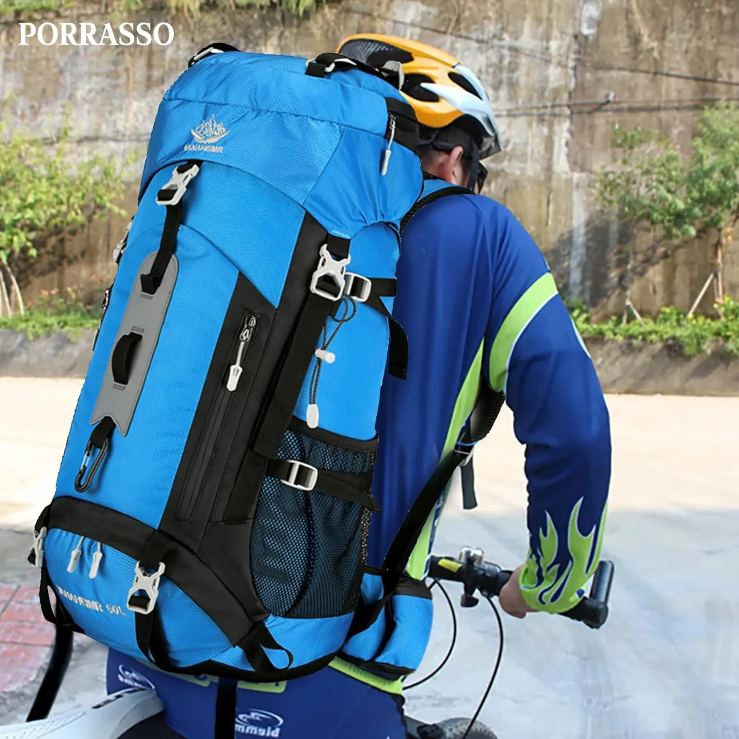 PORRASSO Hiking Backpack Waterproof Daypack 60L Rucksack with Rain Cover Lightweight Backpack for Travel Trekking Camping Climbing Outdoor Sports Sky Blue