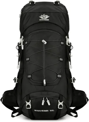 PORRASSO Hiking Backpack Waterproof Daypack with Rain Cover 60L Rucksack Lightweight Backpack for Travel Trekking Camping Climbing Outdoor Sports Black
