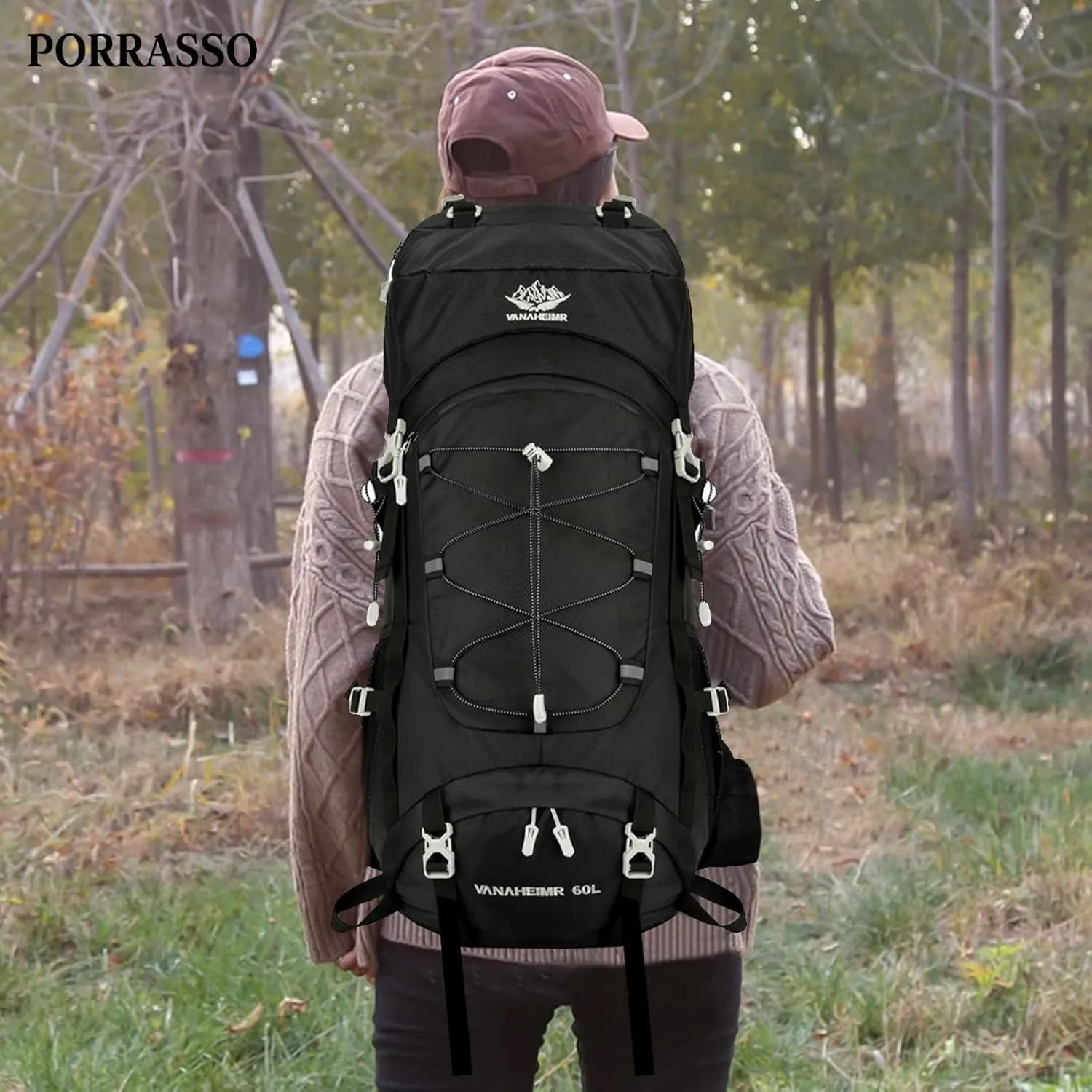 PORRASSO Hiking Backpack Waterproof Daypack with Rain Cover 60L Rucksack Lightweight Backpack for Travel Trekking Camping Climbing Outdoor Sports Black