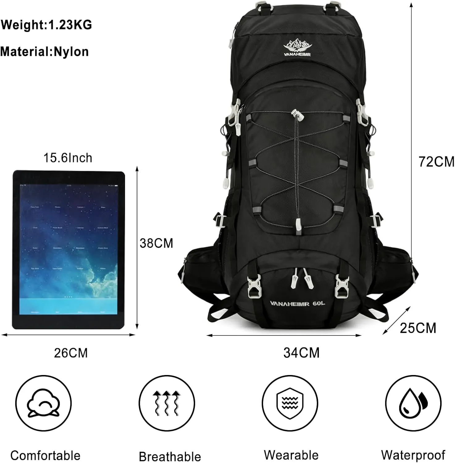 PORRASSO Hiking Backpack Waterproof Daypack with Rain Cover 60L Rucksack Lightweight Backpack for Travel Trekking Camping Climbing Outdoor Sports Black