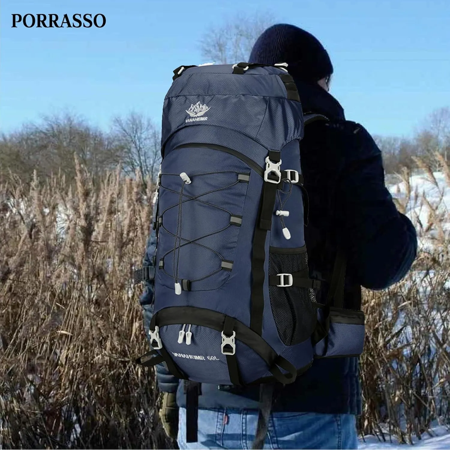 PORRASSO Hiking Backpack Waterproof Daypack with Rain Cover 60L Rucksack Lightweight Backpack for Travel Trekking Camping Climbing Outdoor Sports Dark Blue