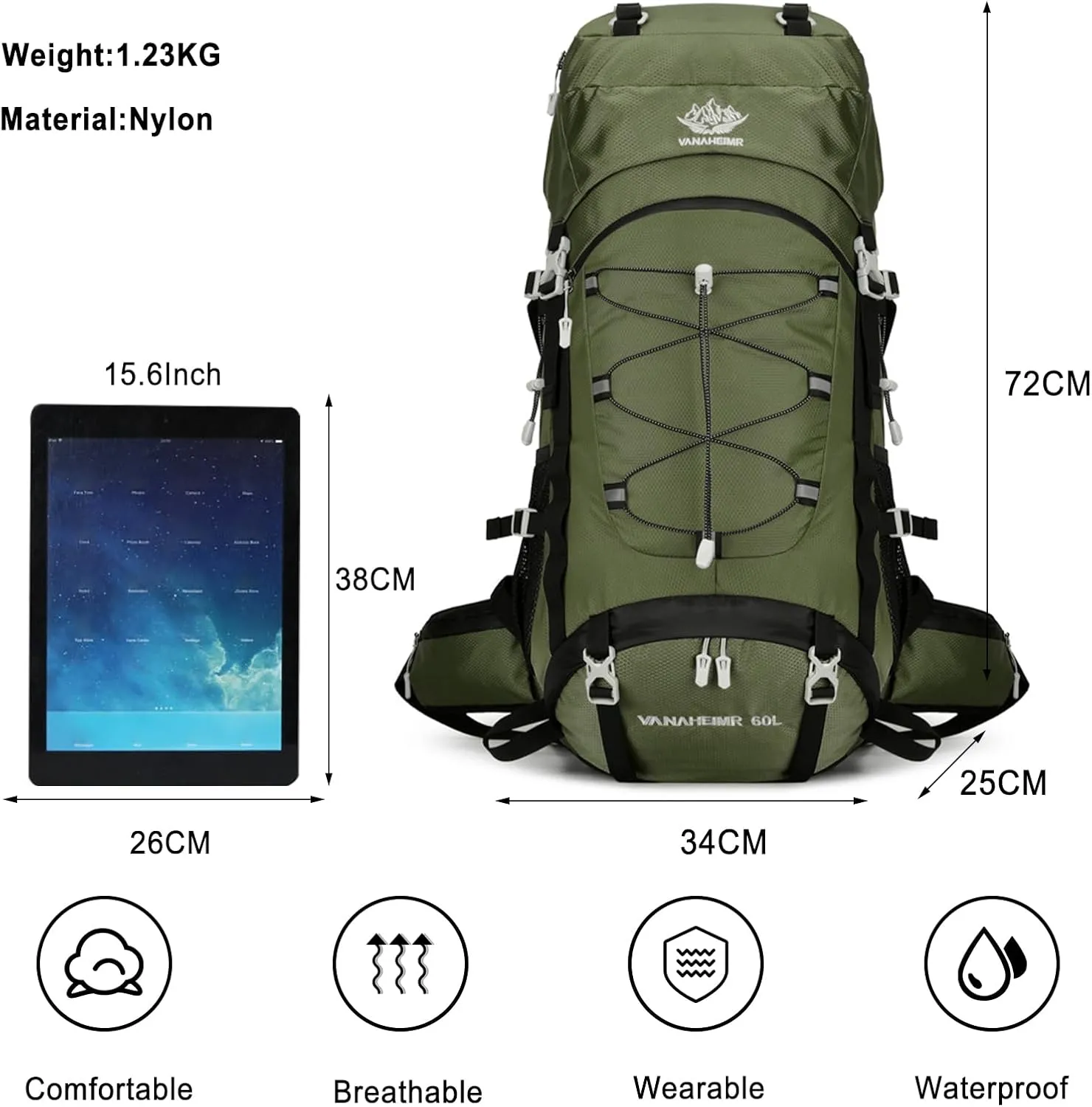 PORRASSO Hiking Backpack Waterproof Daypack with Rain Cover 60L Rucksack Lightweight Backpack for Travel Trekking Camping Climbing Outdoor Sports Dark Green