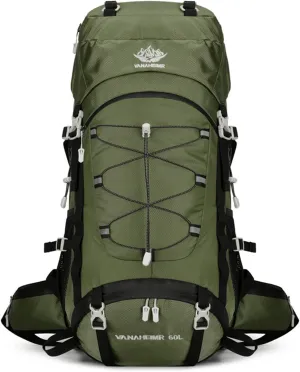 PORRASSO Hiking Backpack Waterproof Daypack with Rain Cover 60L Rucksack Lightweight Backpack for Travel Trekking Camping Climbing Outdoor Sports Dark Green