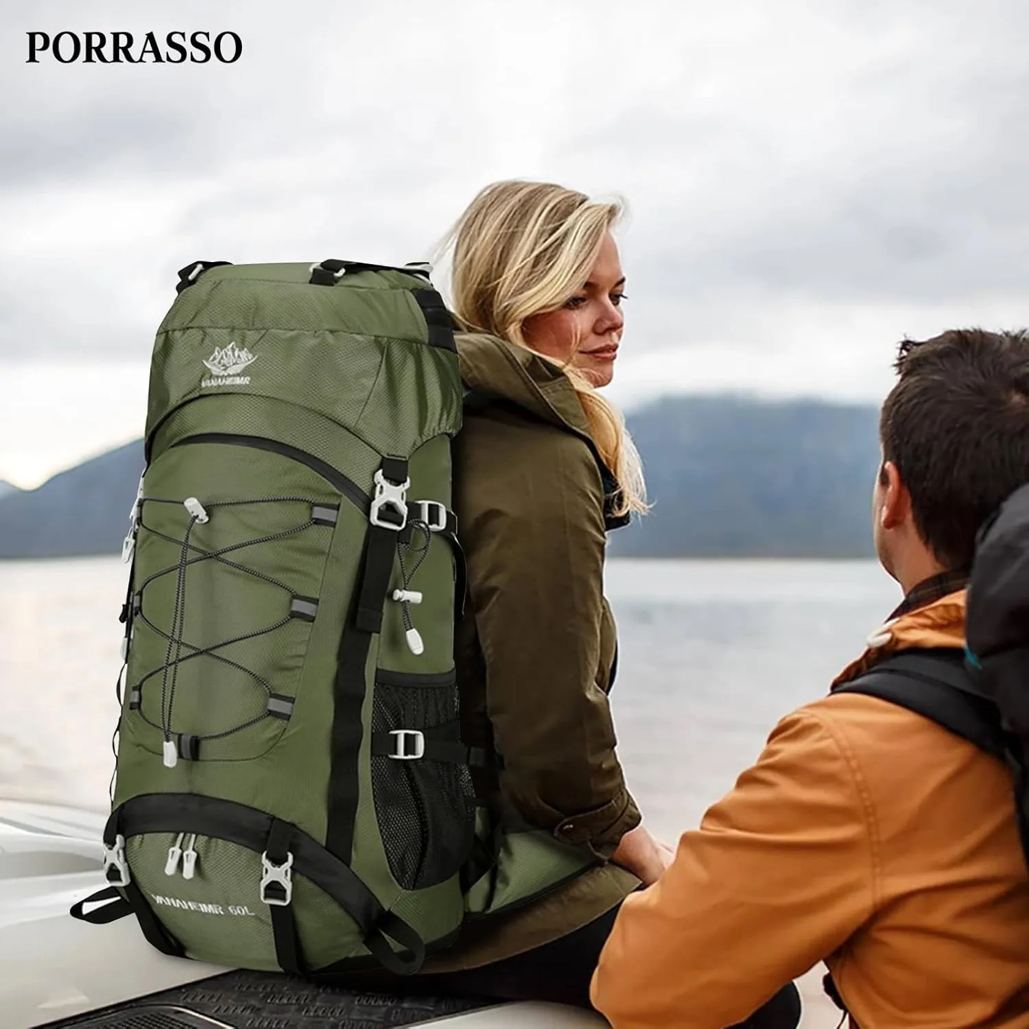 PORRASSO Hiking Backpack Waterproof Daypack with Rain Cover 60L Rucksack Lightweight Backpack for Travel Trekking Camping Climbing Outdoor Sports Dark Green