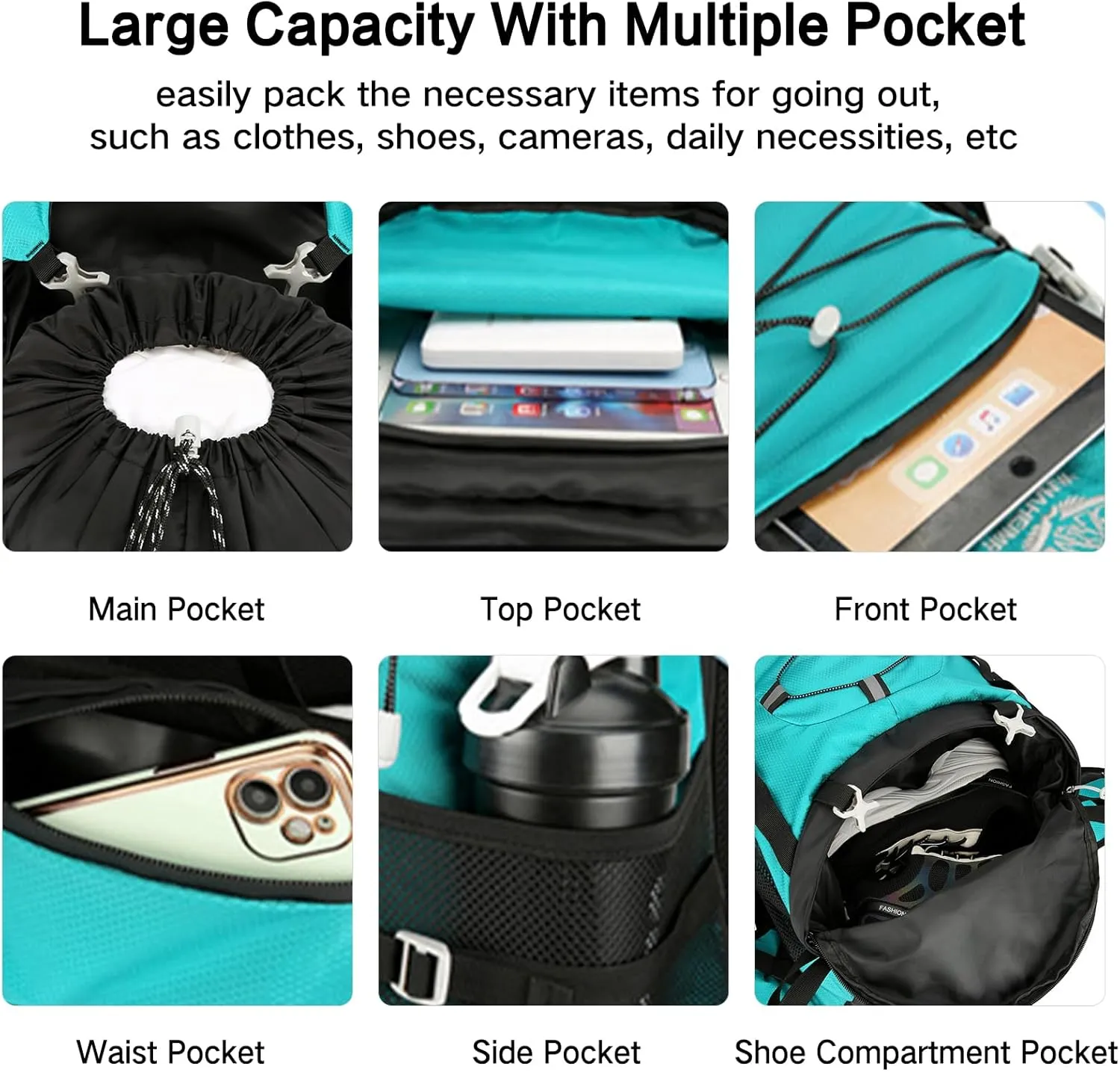 PORRASSO Hiking Backpack Waterproof Daypack with Rain Cover 60L Rucksack Lightweight Backpack for Travel Trekking Camping Climbing Outdoor Sports Dark Green
