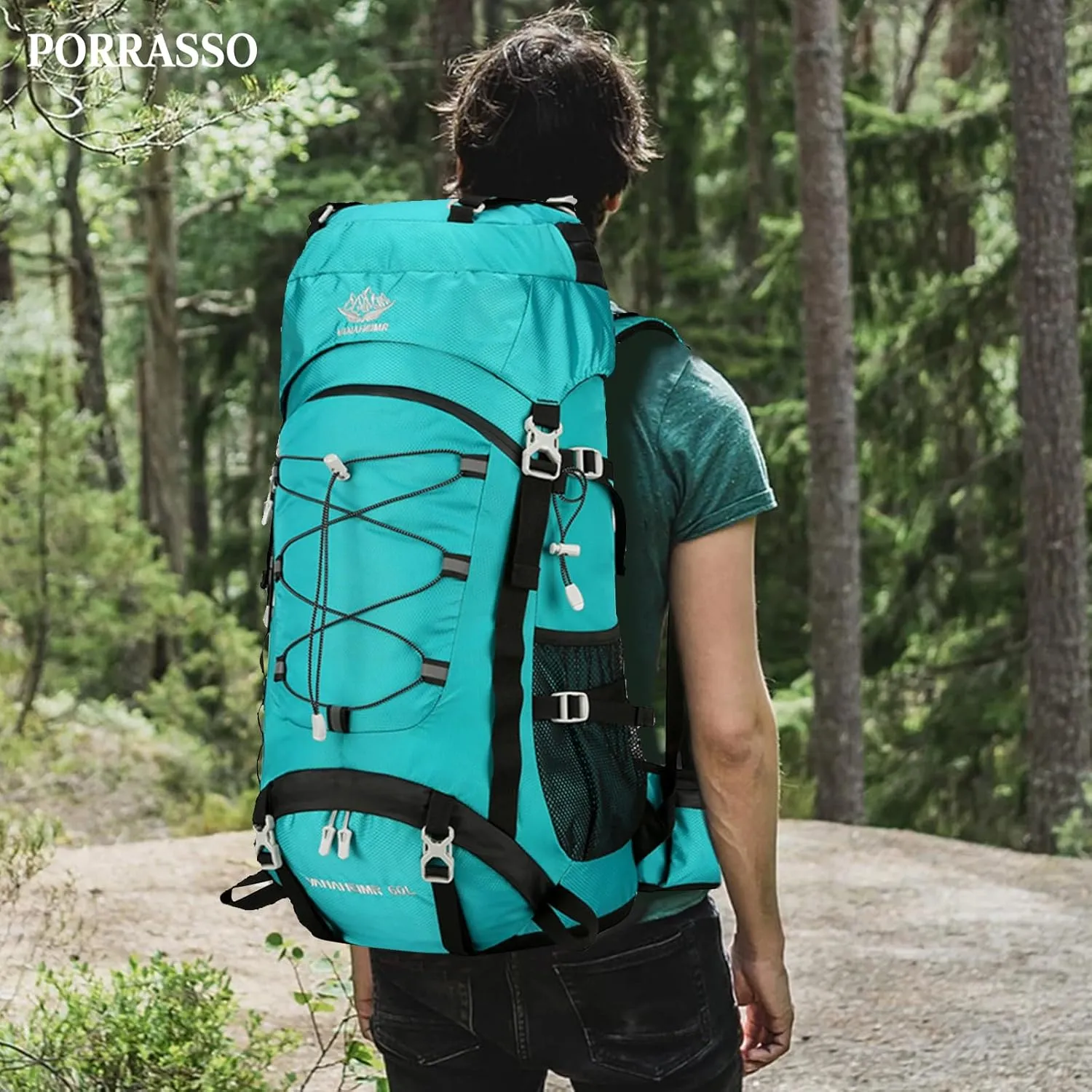 PORRASSO Hiking Backpack Waterproof Daypack with Rain Cover 60L Rucksack Lightweight Backpack for Travel Trekking Camping Climbing Outdoor Sports Lake Blue
