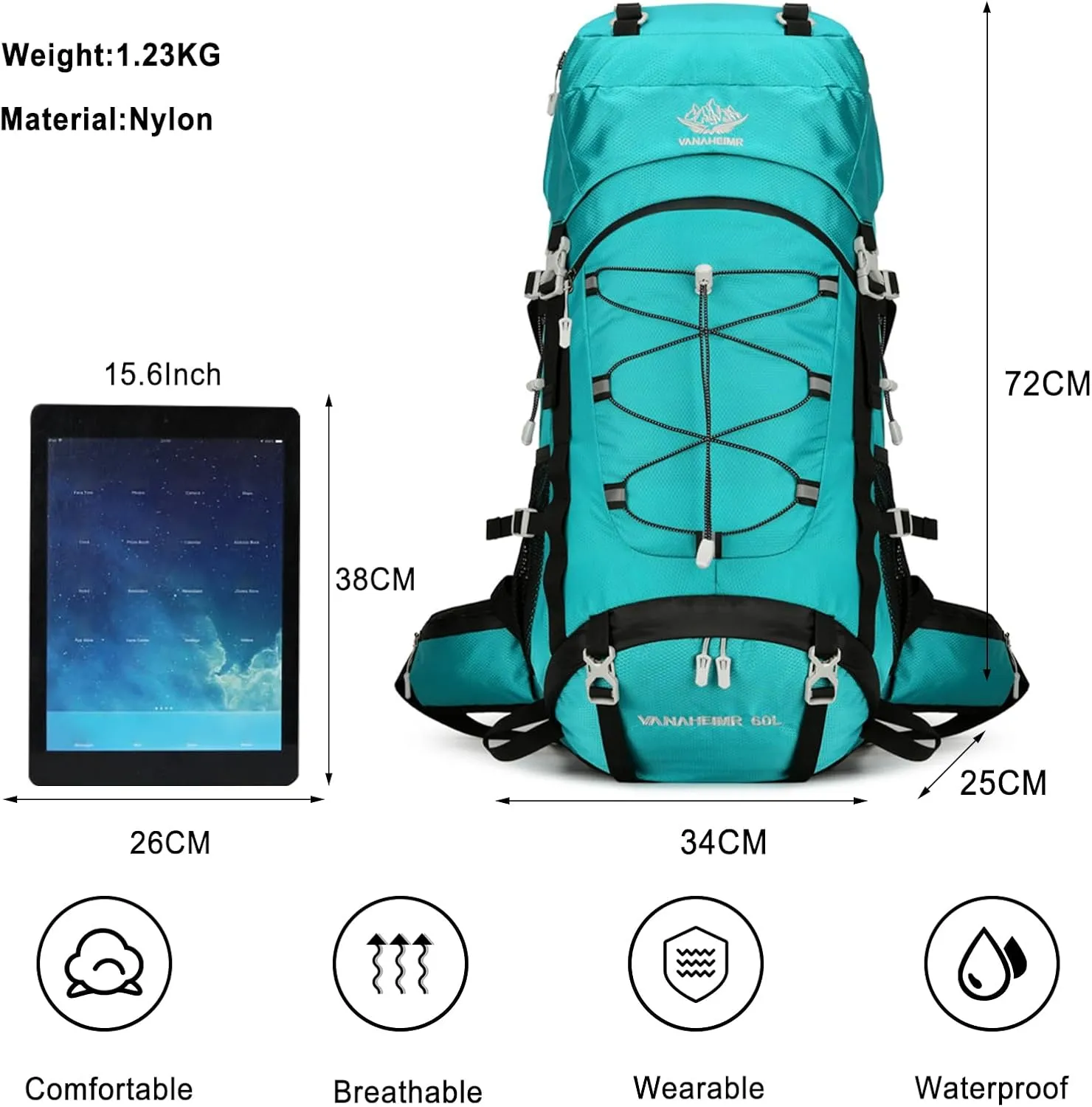 PORRASSO Hiking Backpack Waterproof Daypack with Rain Cover 60L Rucksack Lightweight Backpack for Travel Trekking Camping Climbing Outdoor Sports Lake Blue