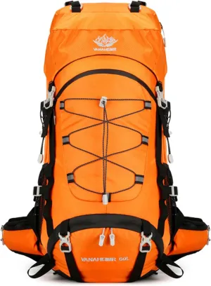 PORRASSO Hiking Backpack Waterproof Daypack with Rain Cover 60L Rucksack Lightweight Backpack for Travel Trekking Camping Climbing Outdoor Sports Orange