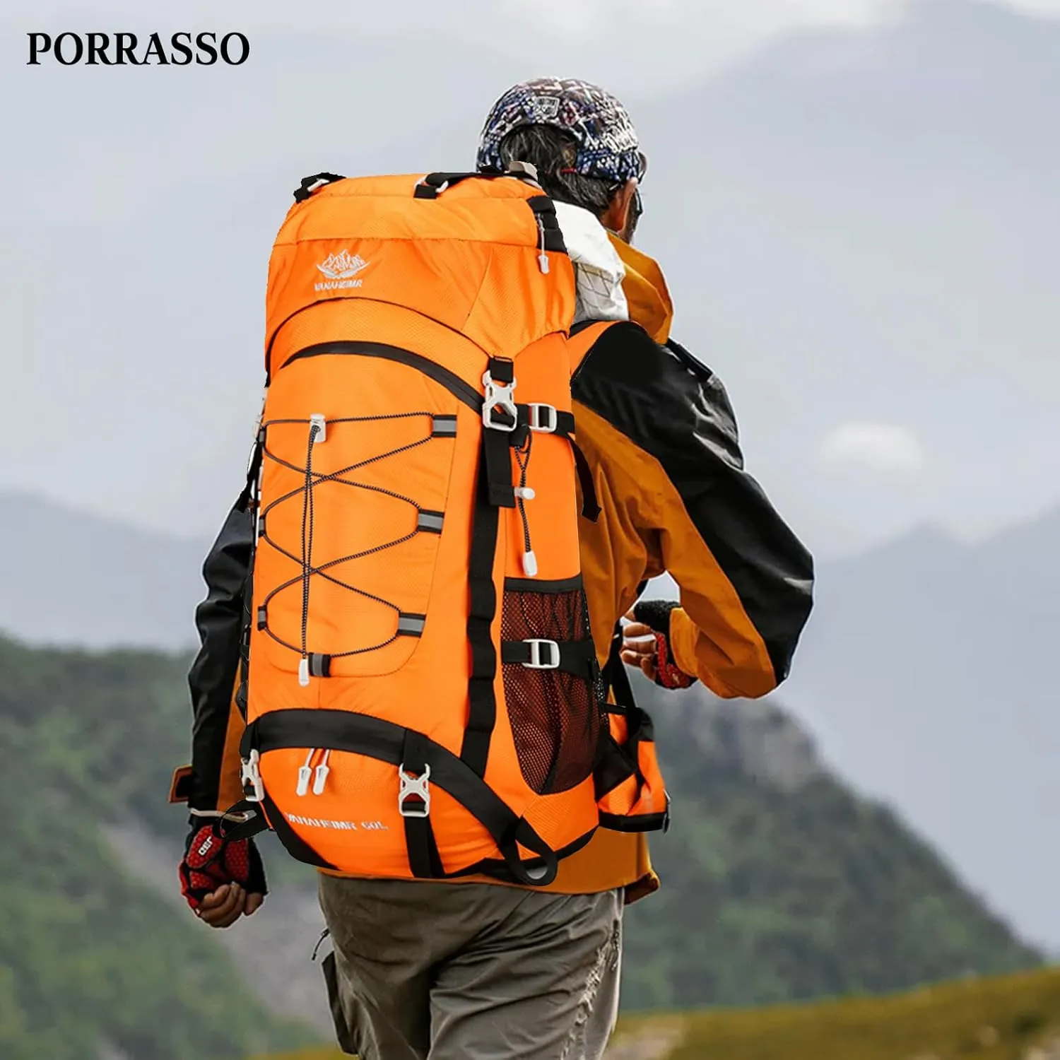 PORRASSO Hiking Backpack Waterproof Daypack with Rain Cover 60L Rucksack Lightweight Backpack for Travel Trekking Camping Climbing Outdoor Sports Orange
