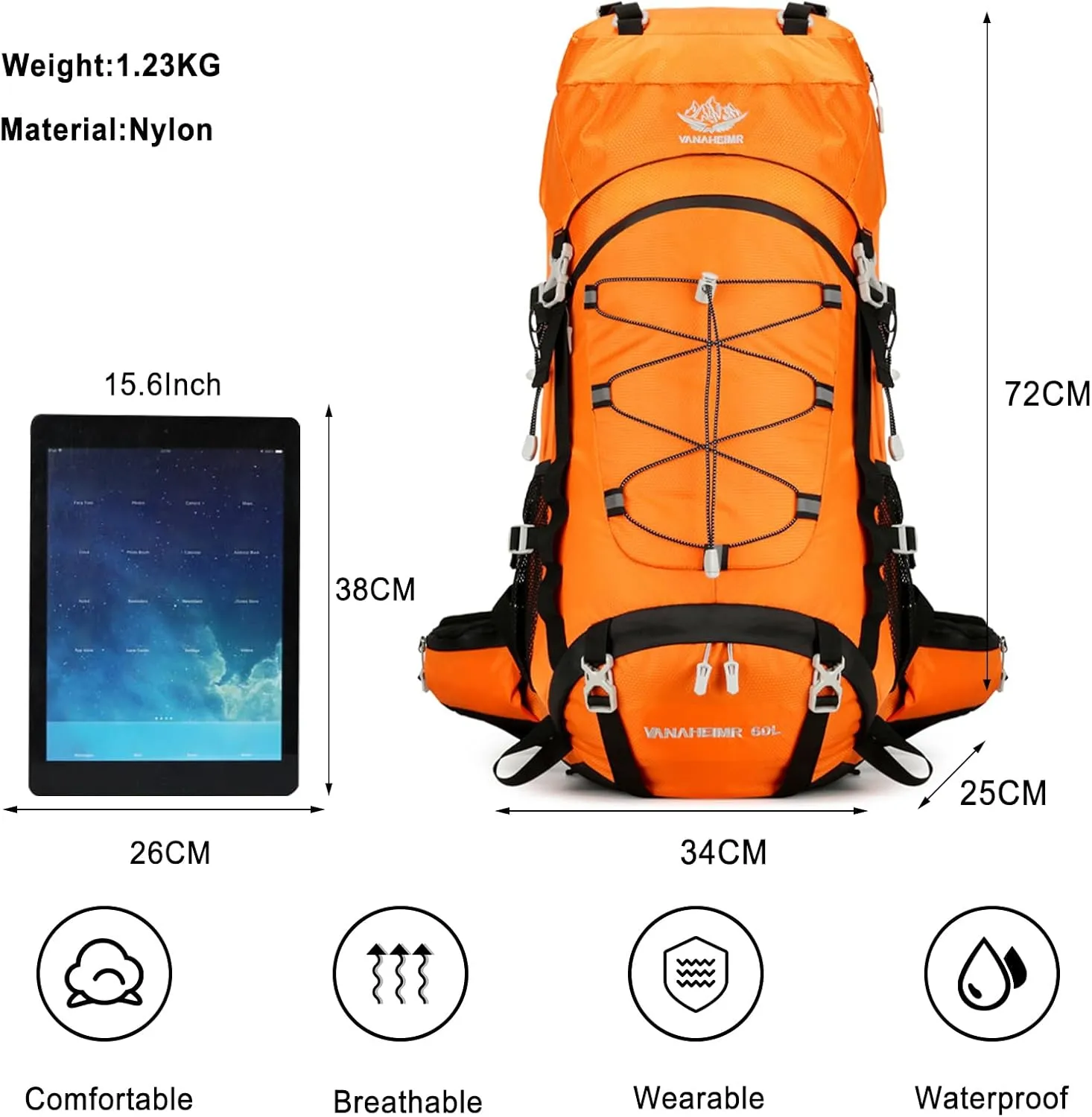 PORRASSO Hiking Backpack Waterproof Daypack with Rain Cover 60L Rucksack Lightweight Backpack for Travel Trekking Camping Climbing Outdoor Sports Orange