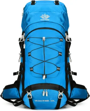 PORRASSO Hiking Backpack Waterproof Daypack with Rain Cover 60L Rucksack Lightweight Backpack for Travel Trekking Camping Climbing Outdoor Sports Sky Blue