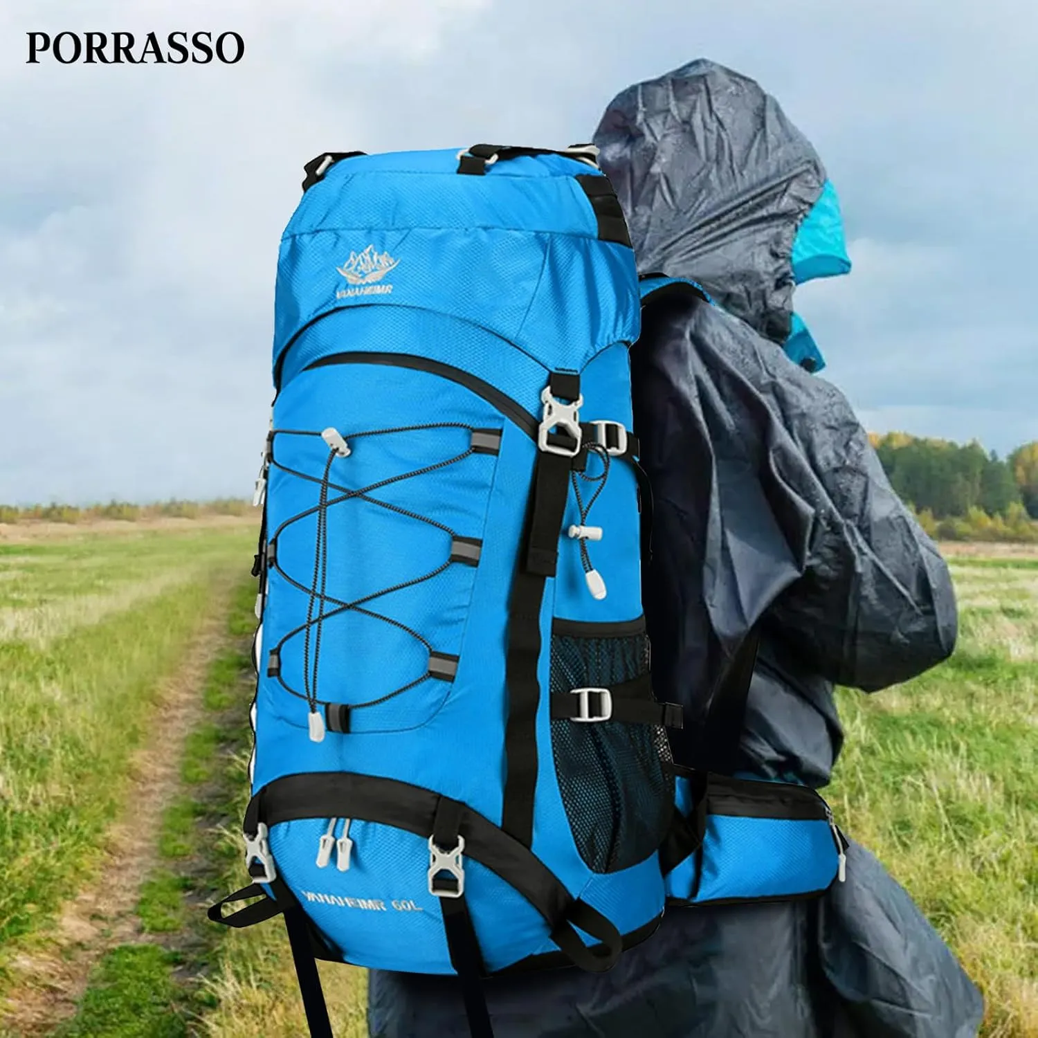 PORRASSO Hiking Backpack Waterproof Daypack with Rain Cover 60L Rucksack Lightweight Backpack for Travel Trekking Camping Climbing Outdoor Sports Sky Blue