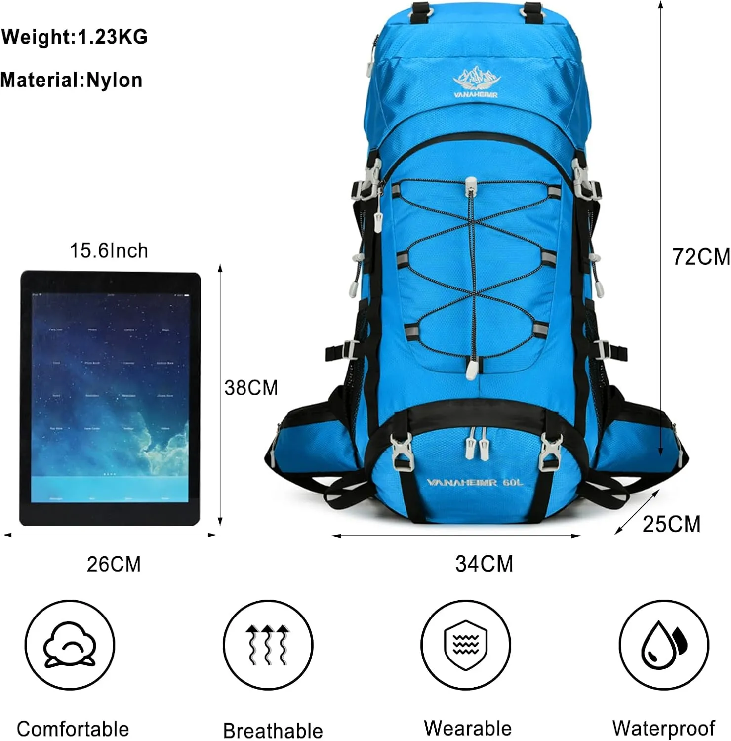 PORRASSO Hiking Backpack Waterproof Daypack with Rain Cover 60L Rucksack Lightweight Backpack for Travel Trekking Camping Climbing Outdoor Sports Sky Blue