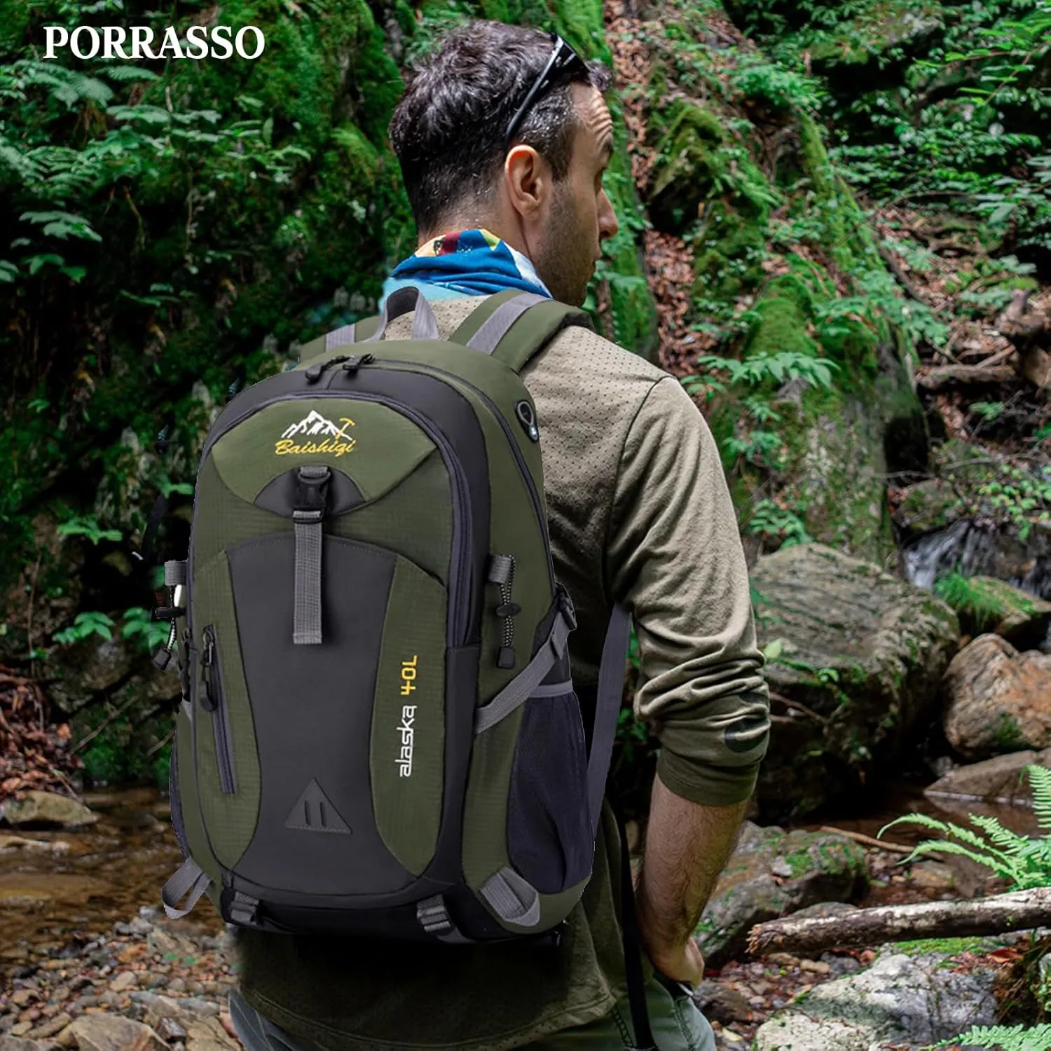 PORRASSO Hiking Backpack Waterproof Rucksack 40L Daypack with Earphone Hole Durable Backpack for Women Men Camping Climbing Travel Outdoor Sports Army Green