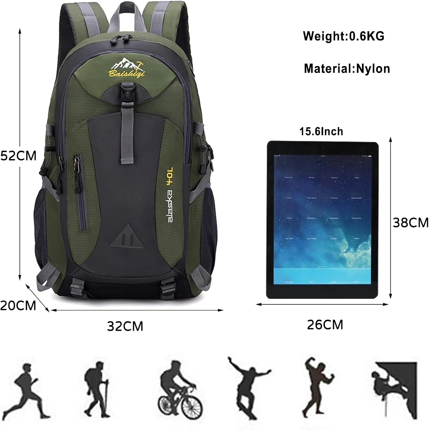 PORRASSO Hiking Backpack Waterproof Rucksack 40L Daypack with Earphone Hole Durable Backpack for Women Men Camping Climbing Travel Outdoor Sports Army Green