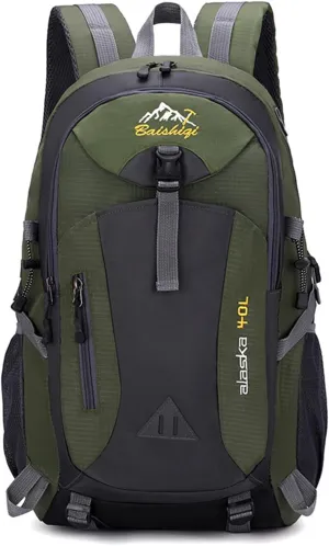PORRASSO Hiking Backpack Waterproof Rucksack 40L Daypack with Earphone Hole Durable Backpack for Women Men Camping Climbing Travel Outdoor Sports Army Green