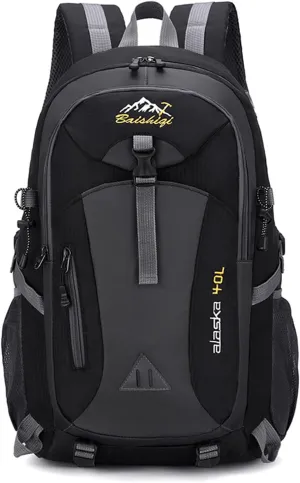 PORRASSO Hiking Backpack Waterproof Rucksack 40L Daypack with Earphone Hole Durable Backpack for Women Men Camping Climbing Travel Outdoor Sports Black