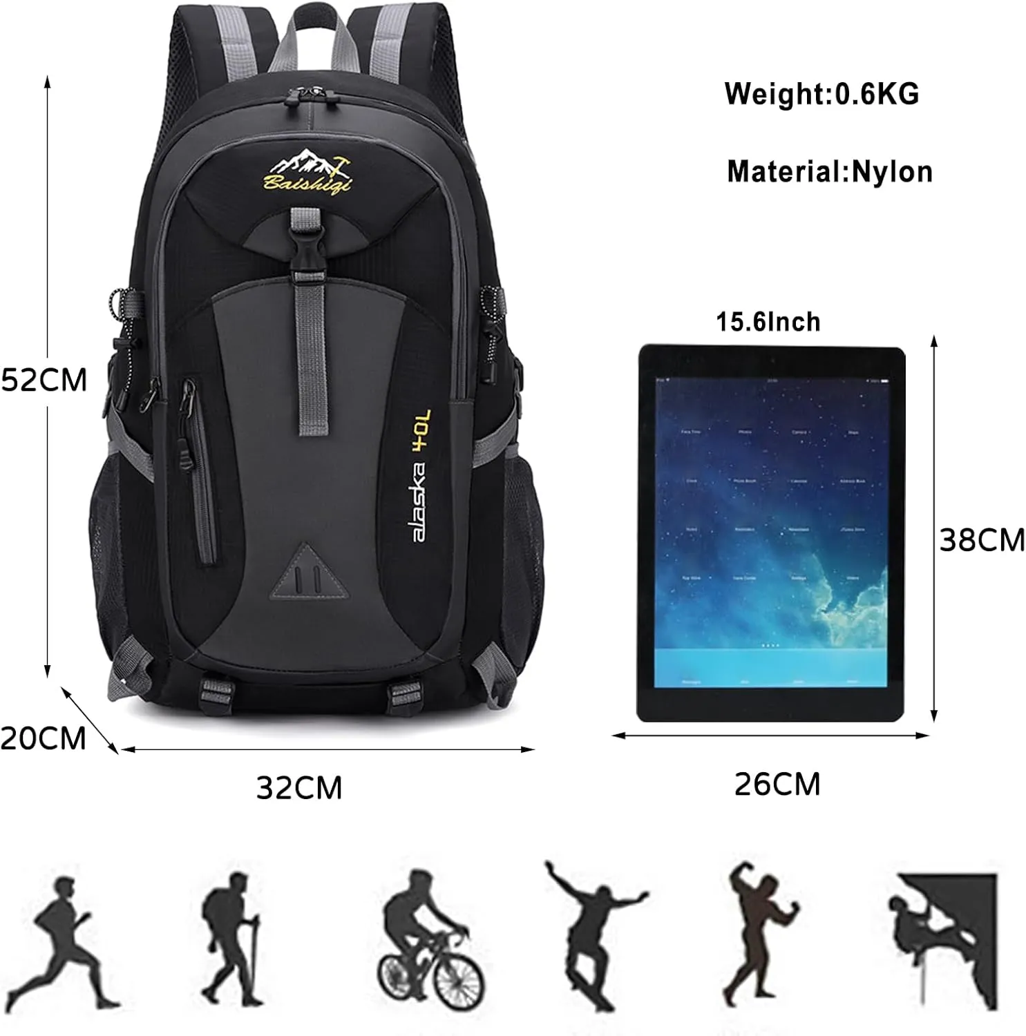 PORRASSO Hiking Backpack Waterproof Rucksack 40L Daypack with Earphone Hole Durable Backpack for Women Men Camping Climbing Travel Outdoor Sports Black
