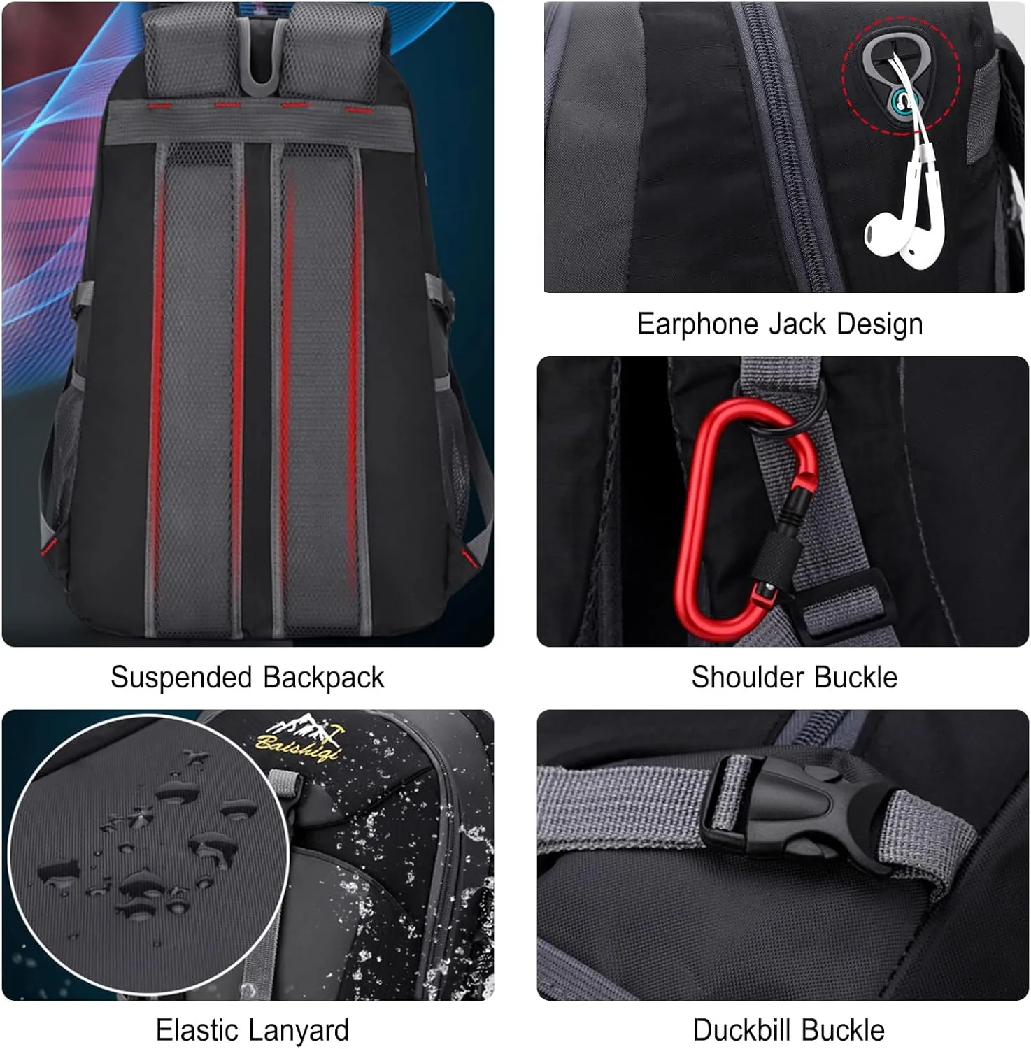 PORRASSO Hiking Backpack Waterproof Rucksack 40L Daypack with Earphone Hole Durable Backpack for Women Men Camping Climbing Travel Outdoor Sports Black