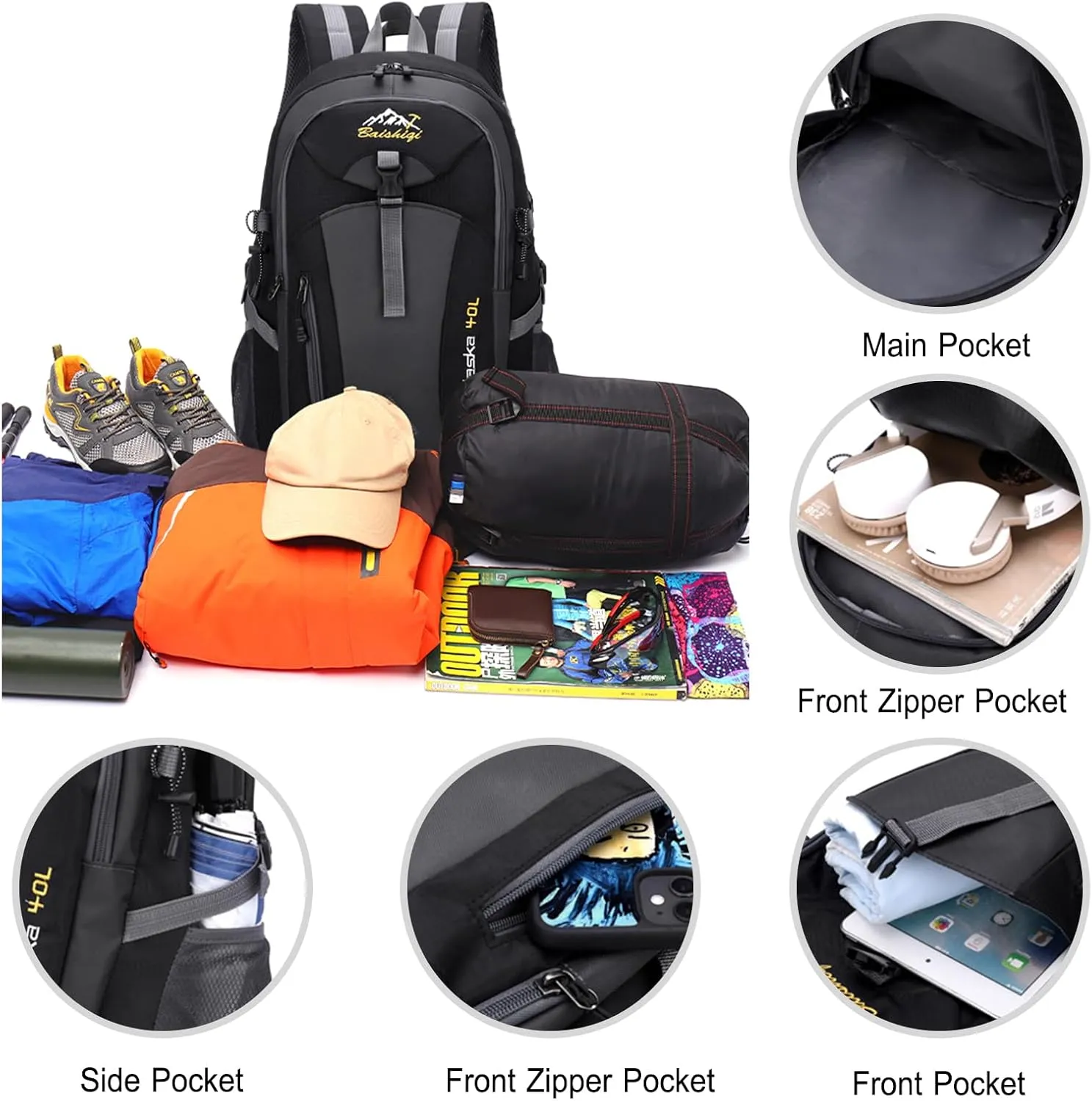 PORRASSO Hiking Backpack Waterproof Rucksack 40L Daypack with Earphone Hole Durable Backpack for Women Men Camping Climbing Travel Outdoor Sports Black